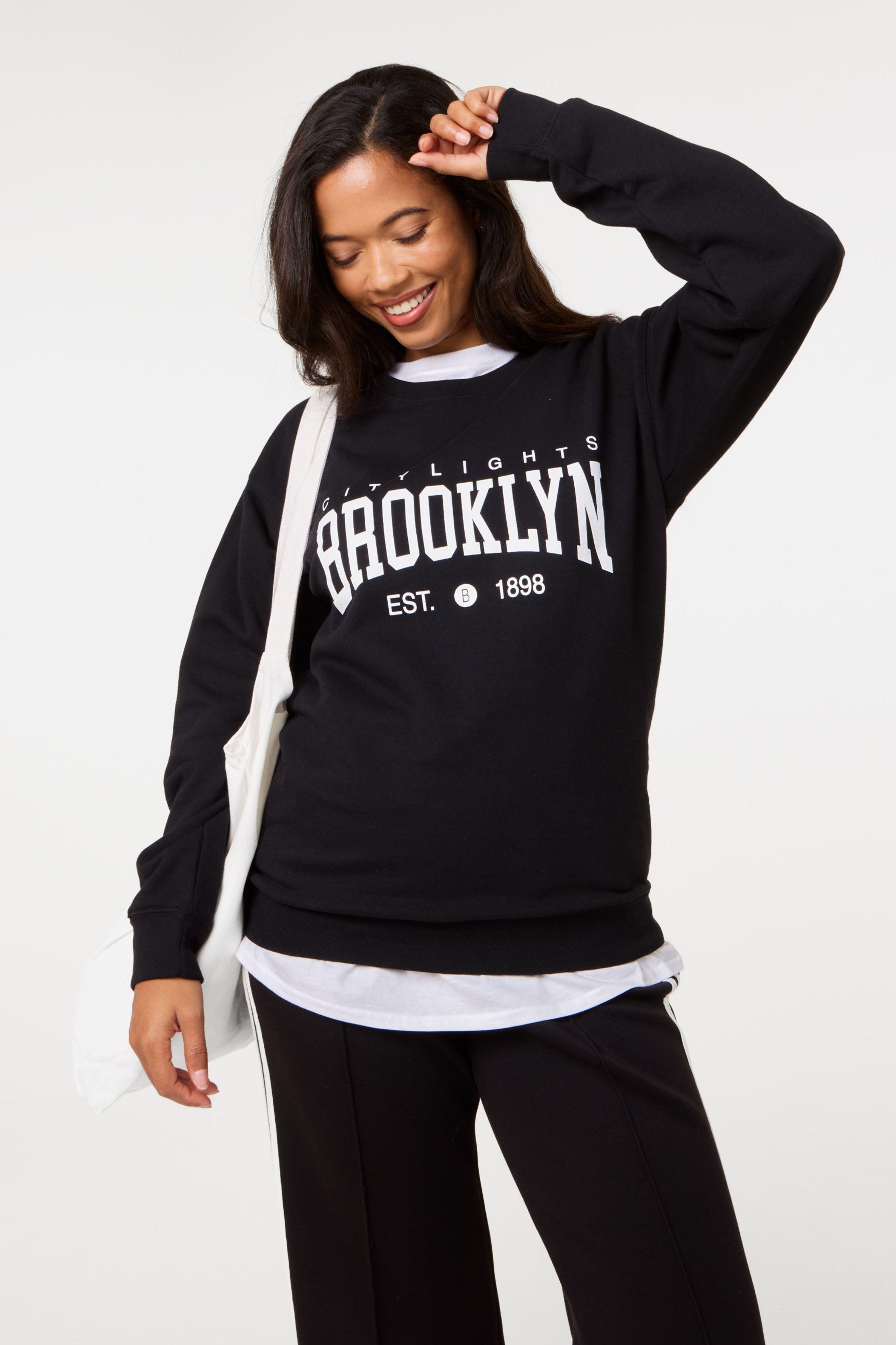 Black Brooklyn Slogan Oversized Sweater by PINK VANILLA