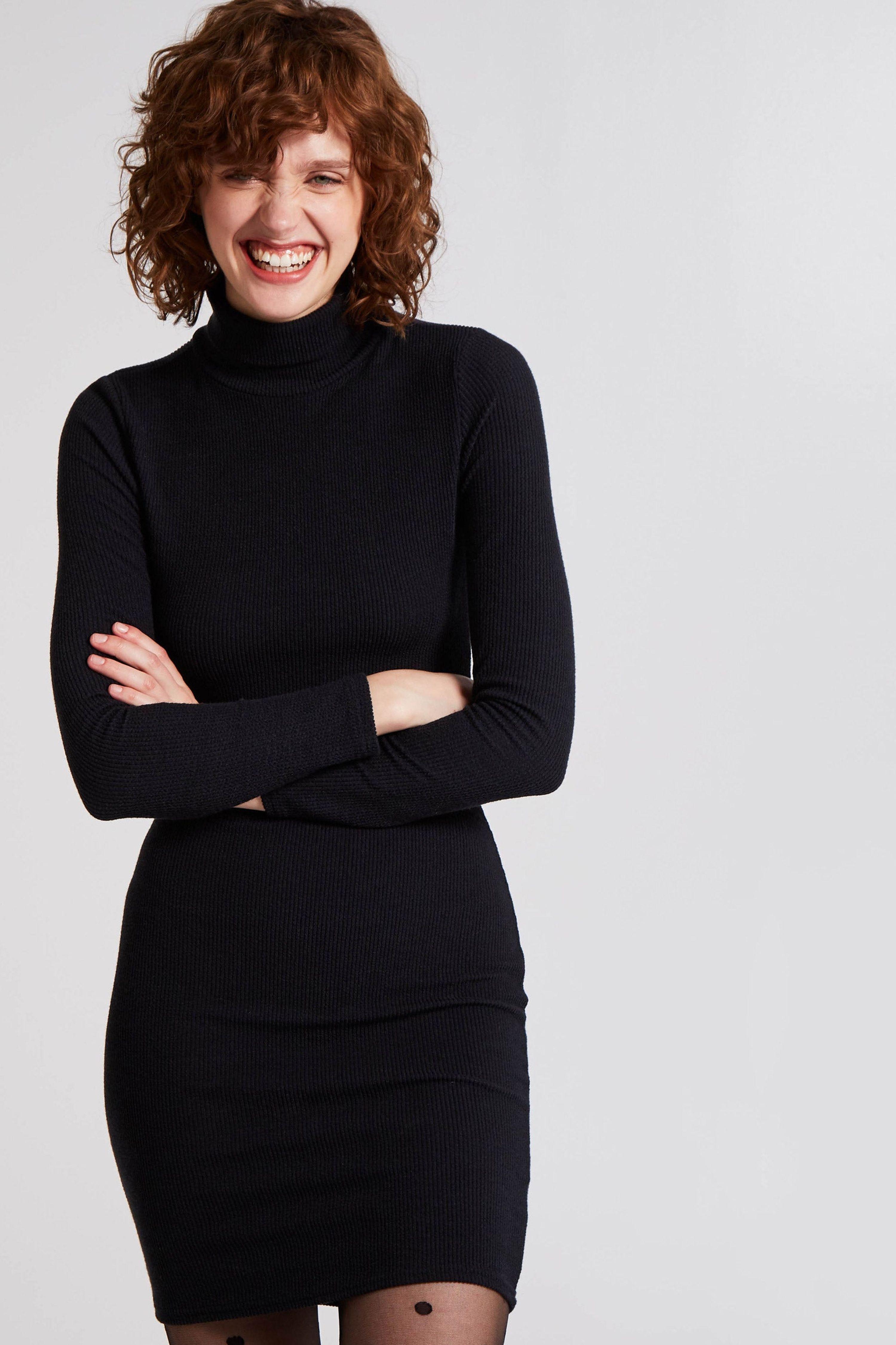 Black Crinkle Rib Roll Neck Dress by PINK VANILLA