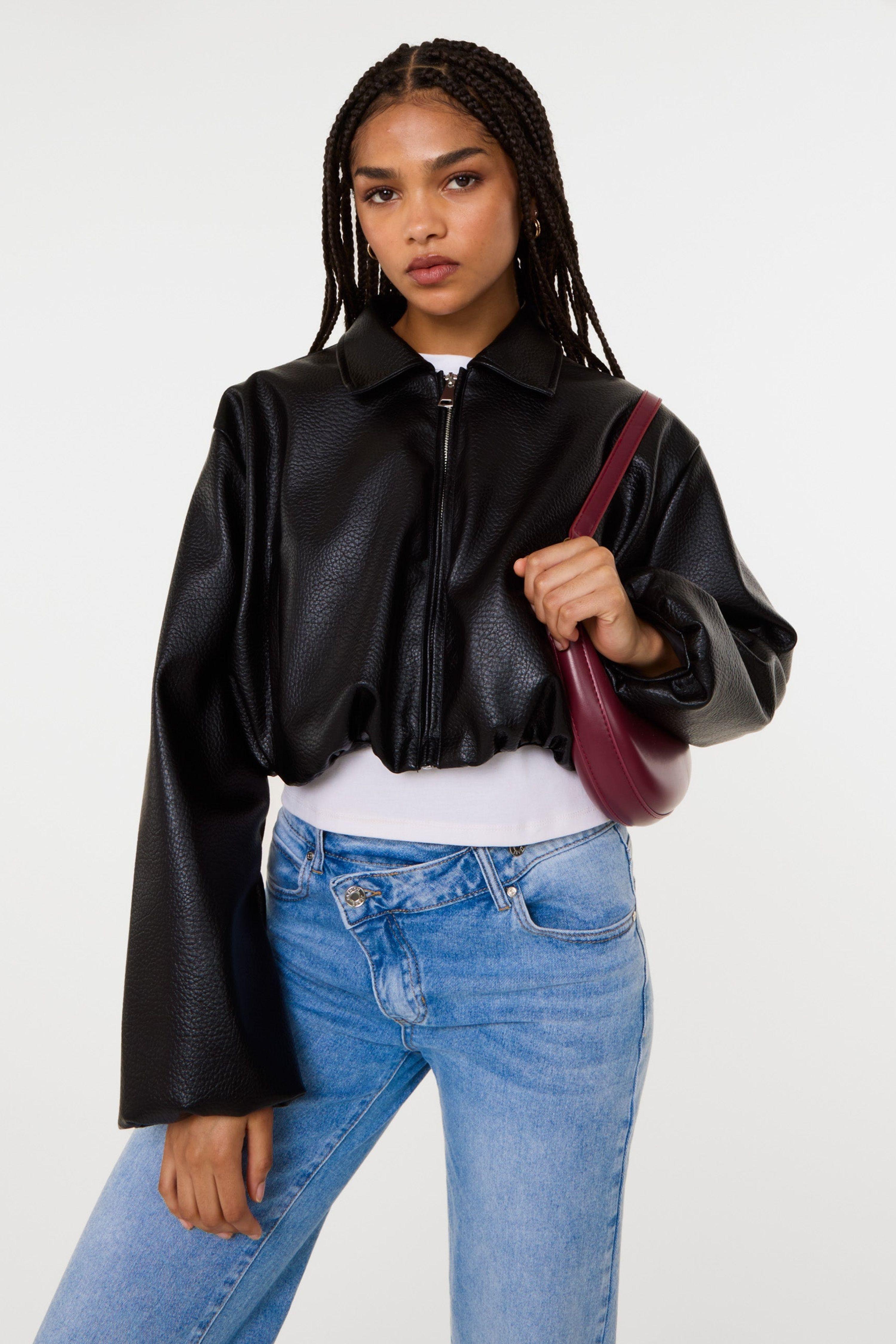 Black Faux Leather Puffball Jacket by PINK VANILLA