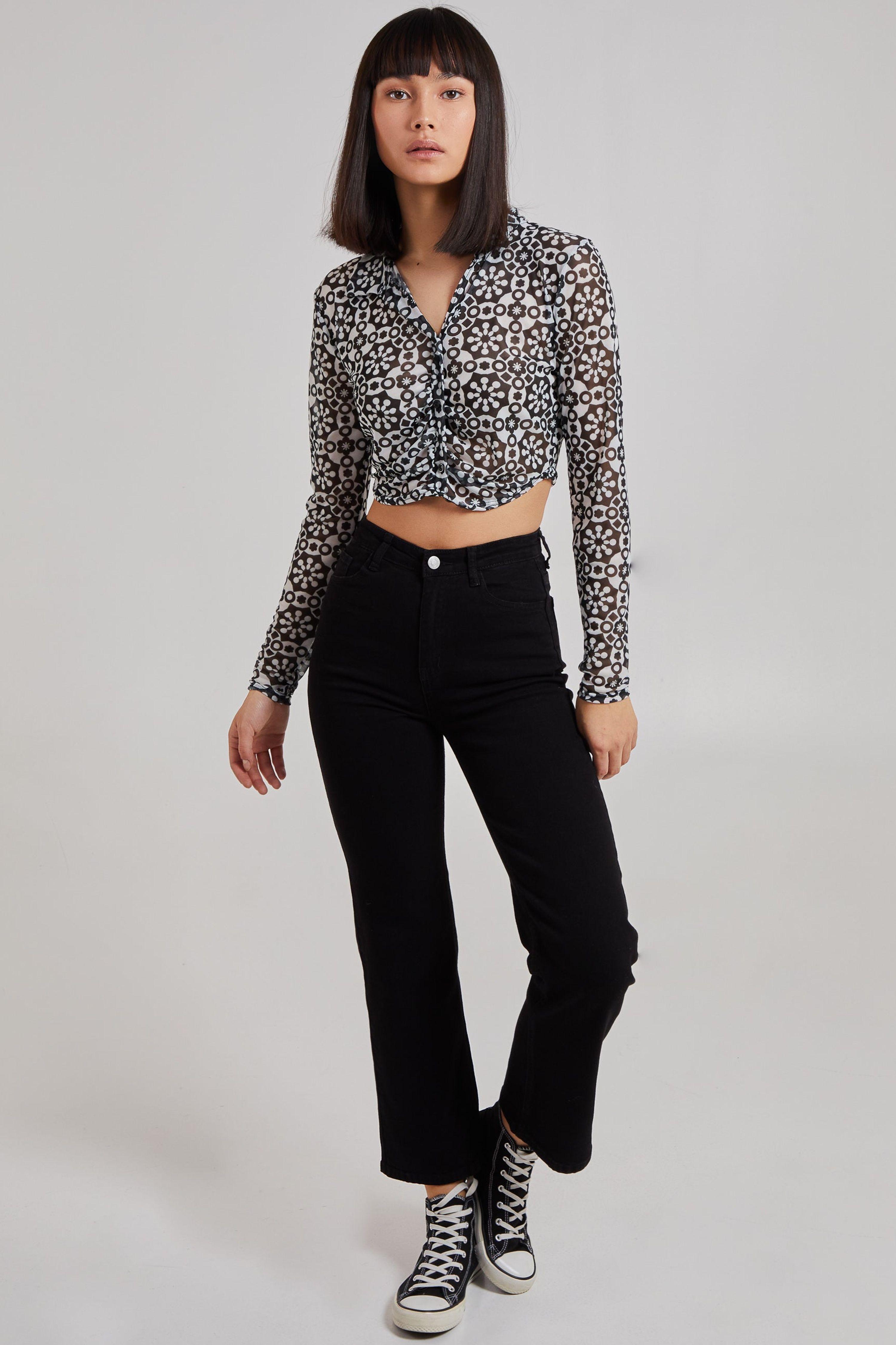 Black Geometric Print Mesh Button Up Top by PINK VANILLA