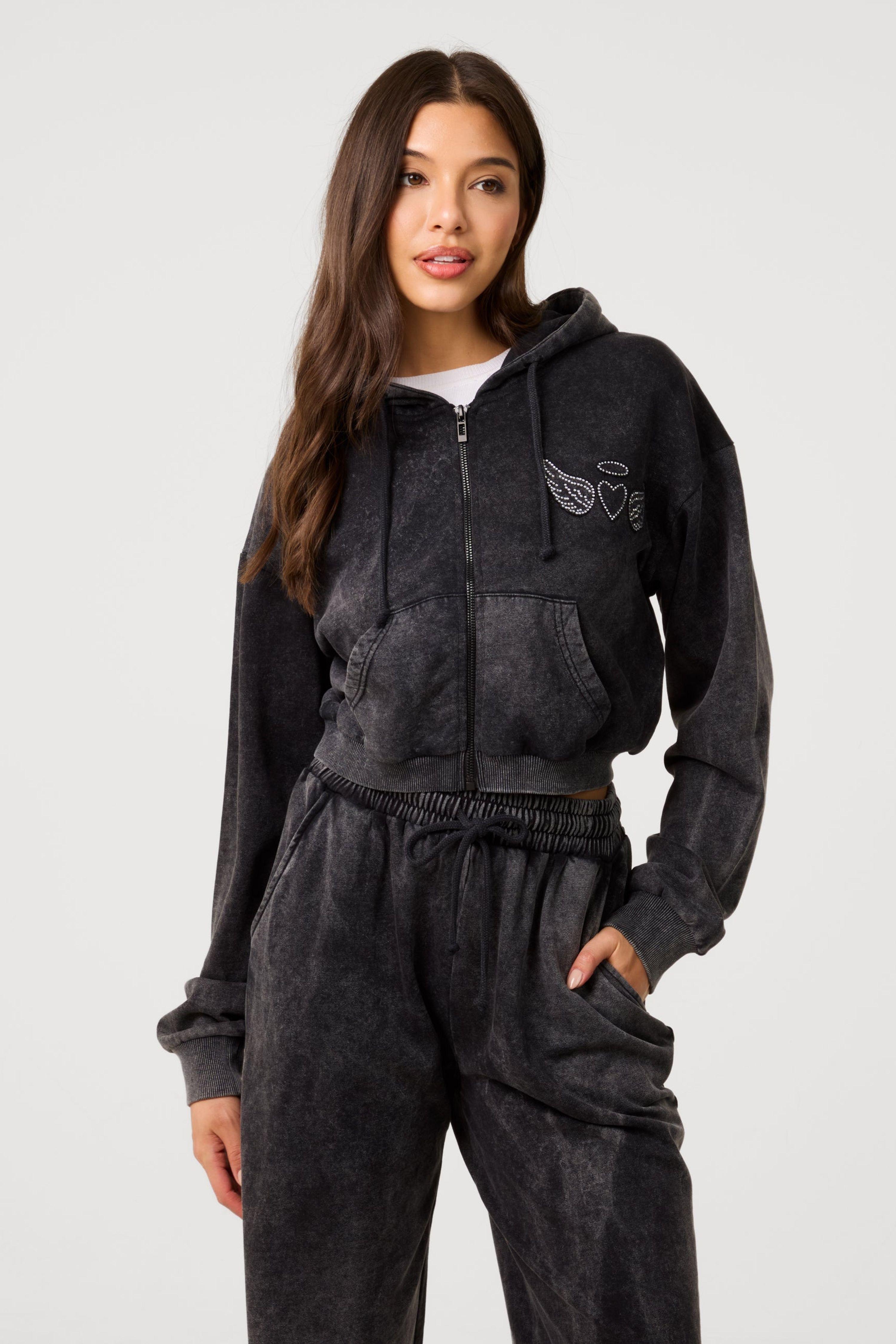 Black Halo Diamante Heart Zip Up Hoodie by PINK VANILLA