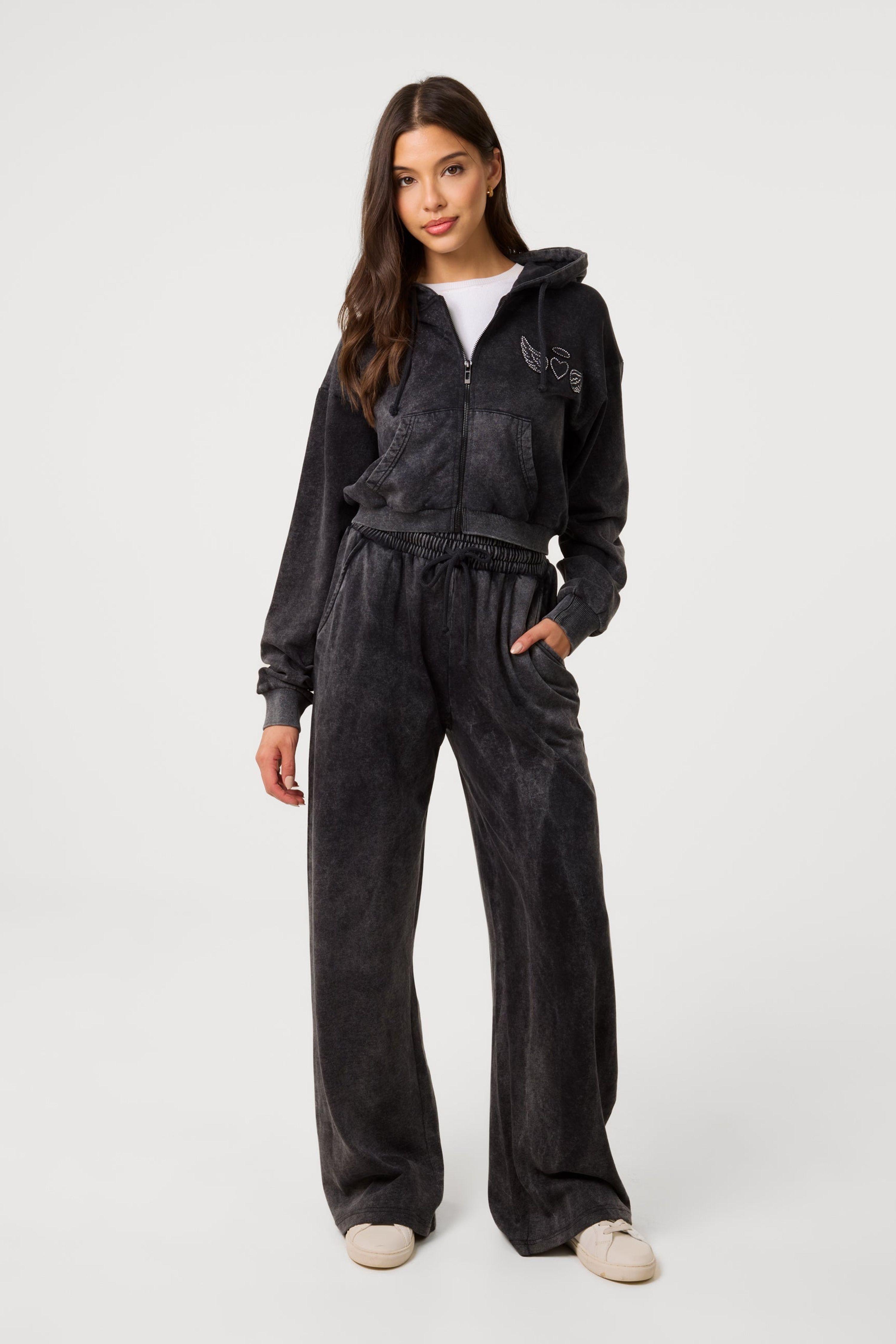 Black Halo Diamante Wide Leg Joggers by PINK VANILLA