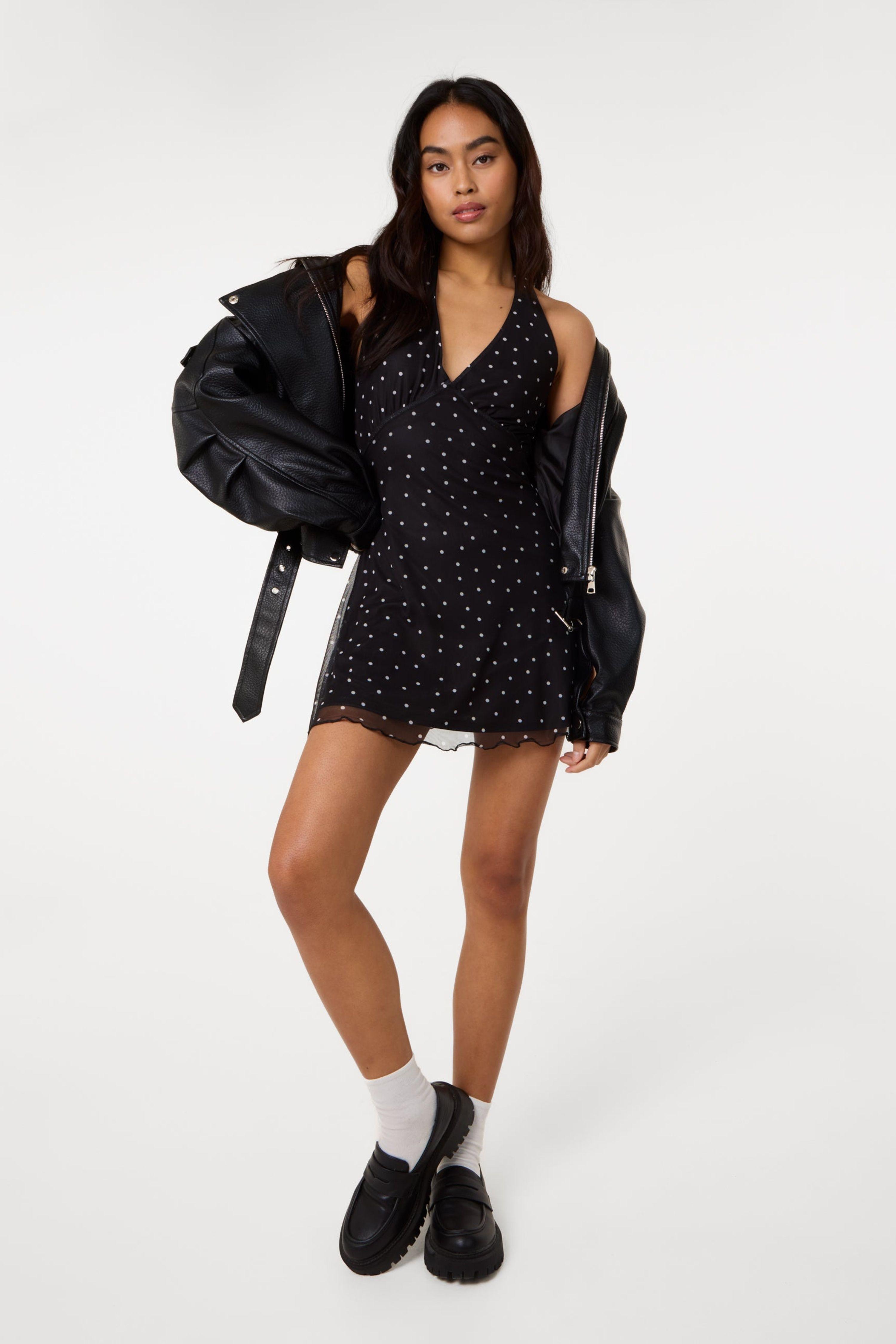 Black Halter Mini Dress In Polka Dot by PINK VANILLA