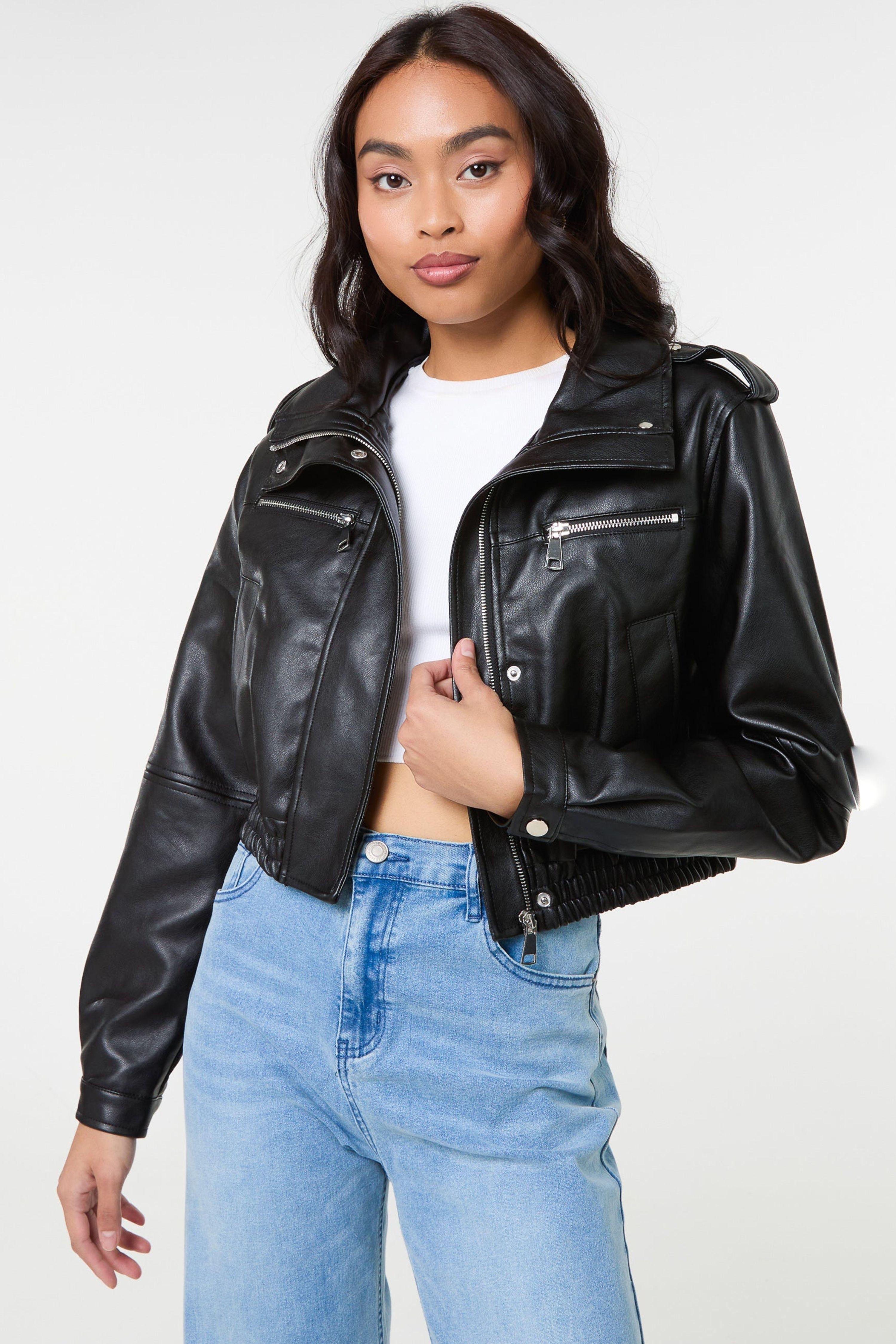 Black Pocket Detail PU Cropped Bomber Jacket by PINK VANILLA