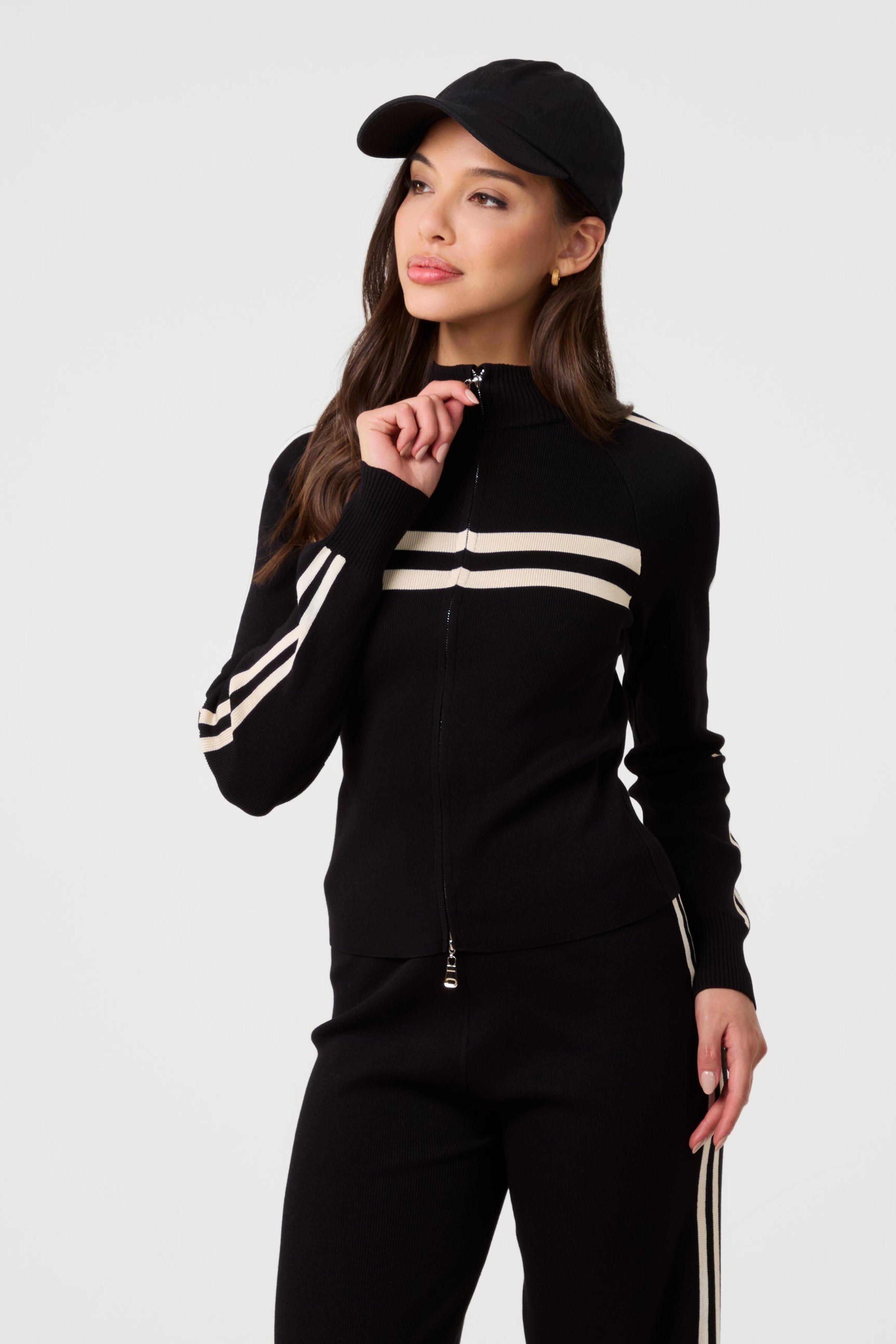 Black Stripe Front Zip Up Sweatshirt by PINK VANILLA