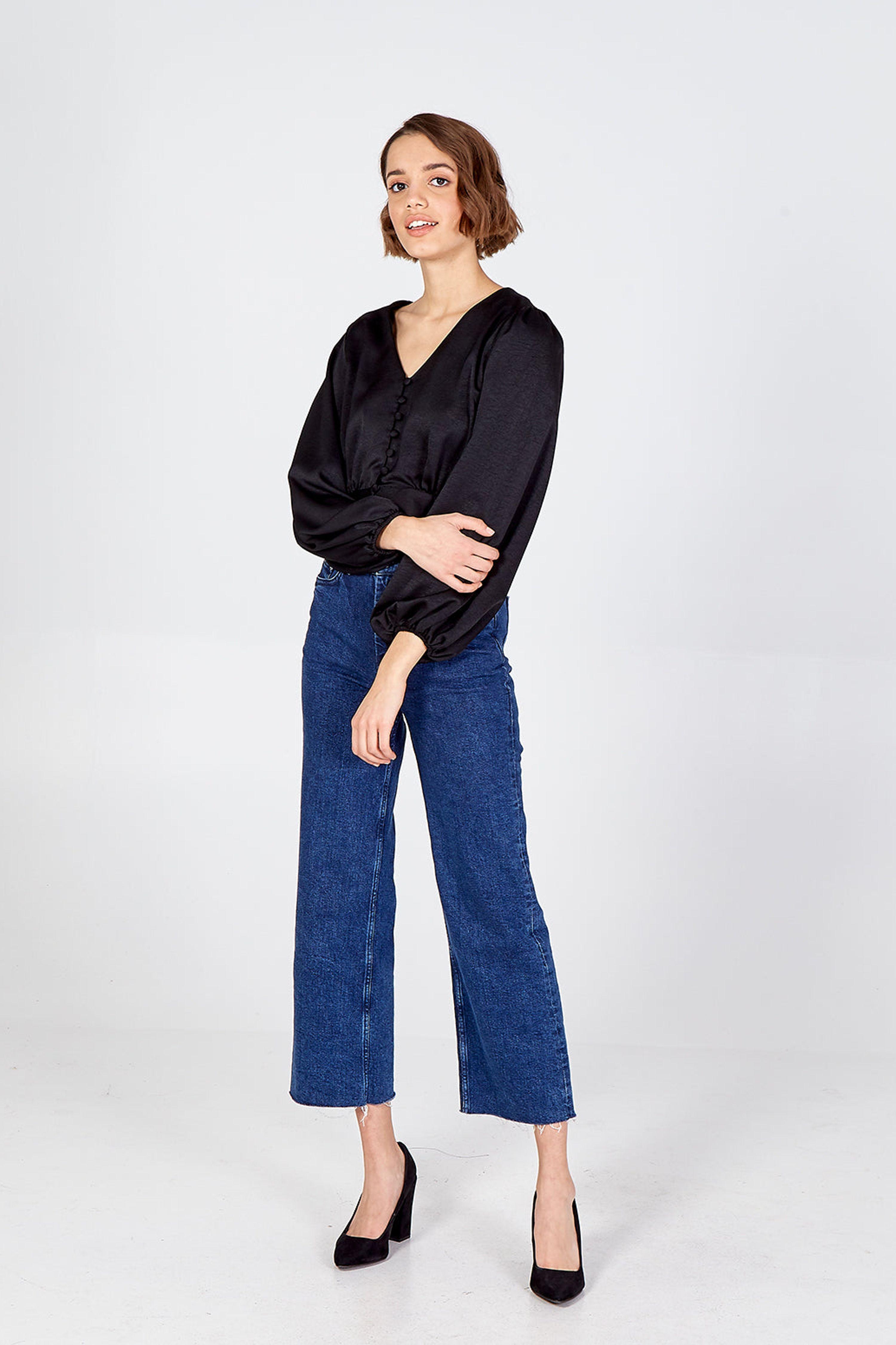 Black V Neck Puff Sleeve Button Front Crop Top by PINK VANILLA