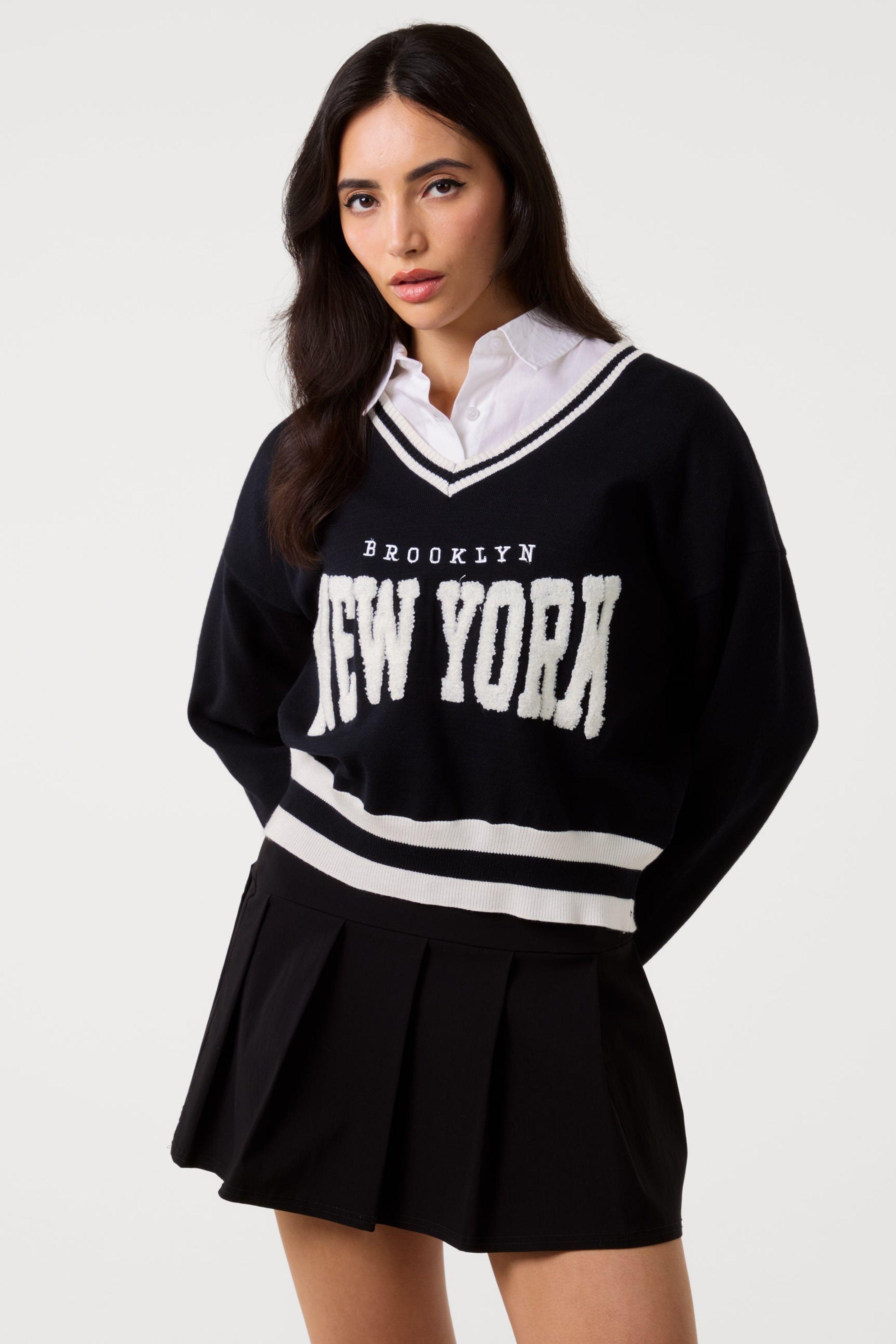 Black V Neck Varsity Sweatshirt by PINK VANILLA