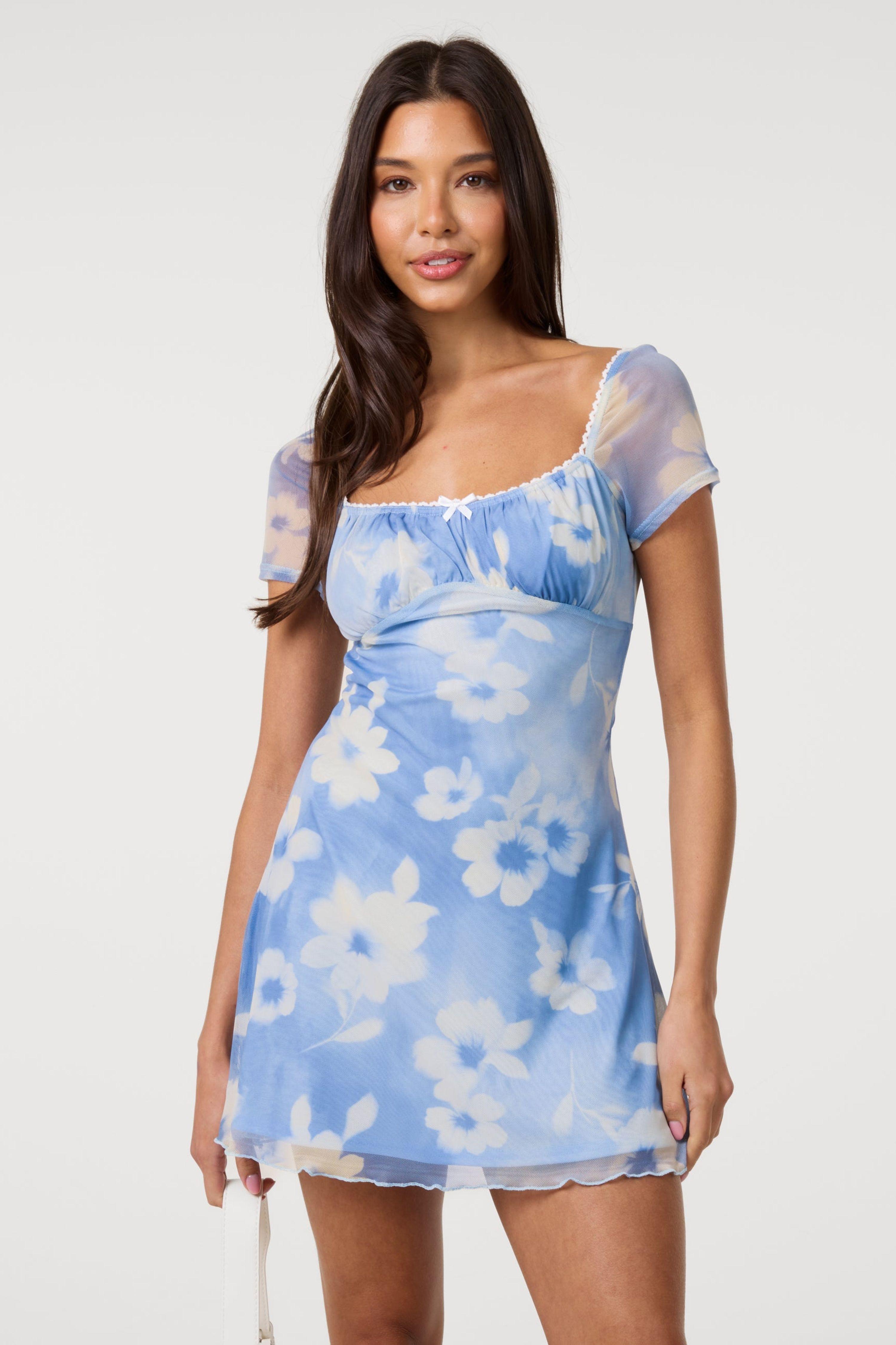 Blue Floral Printed Mesh Cap Sleeve Mini Dress by PINK VANILLA