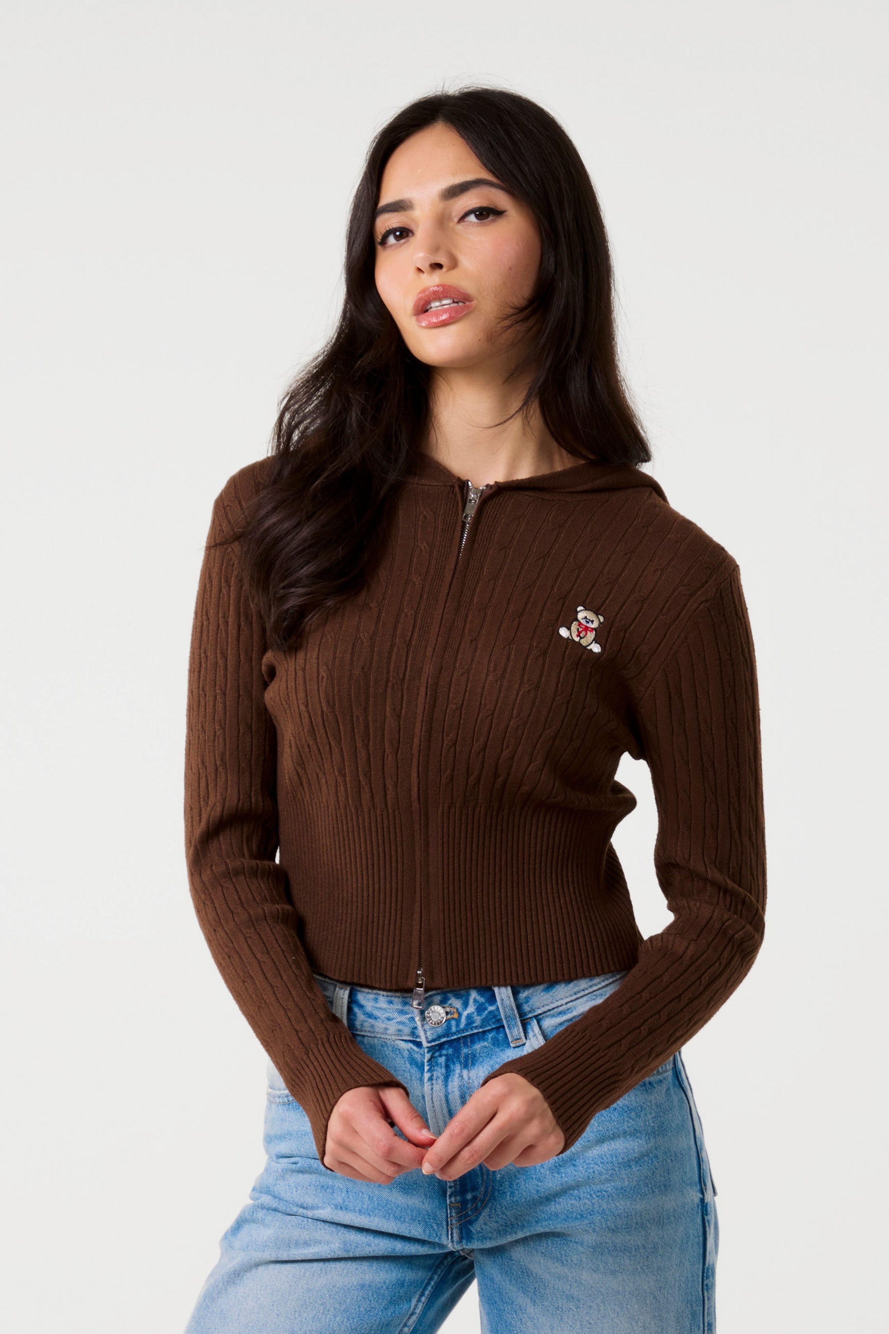 Brown Cable Knit Bear Hoodie by PINK VANILLA