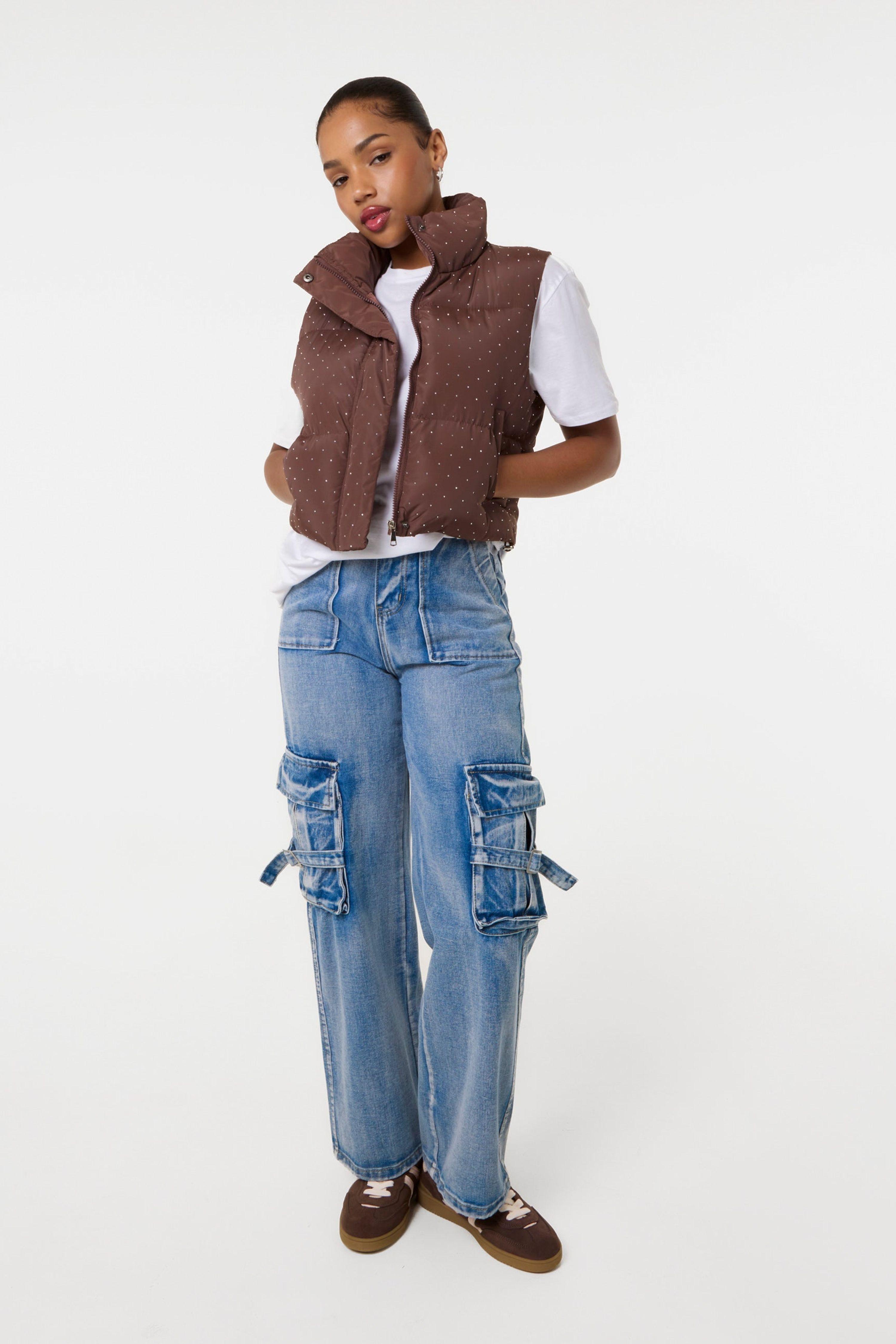 Brown Diamante Puffer Gilet by PINK VANILLA