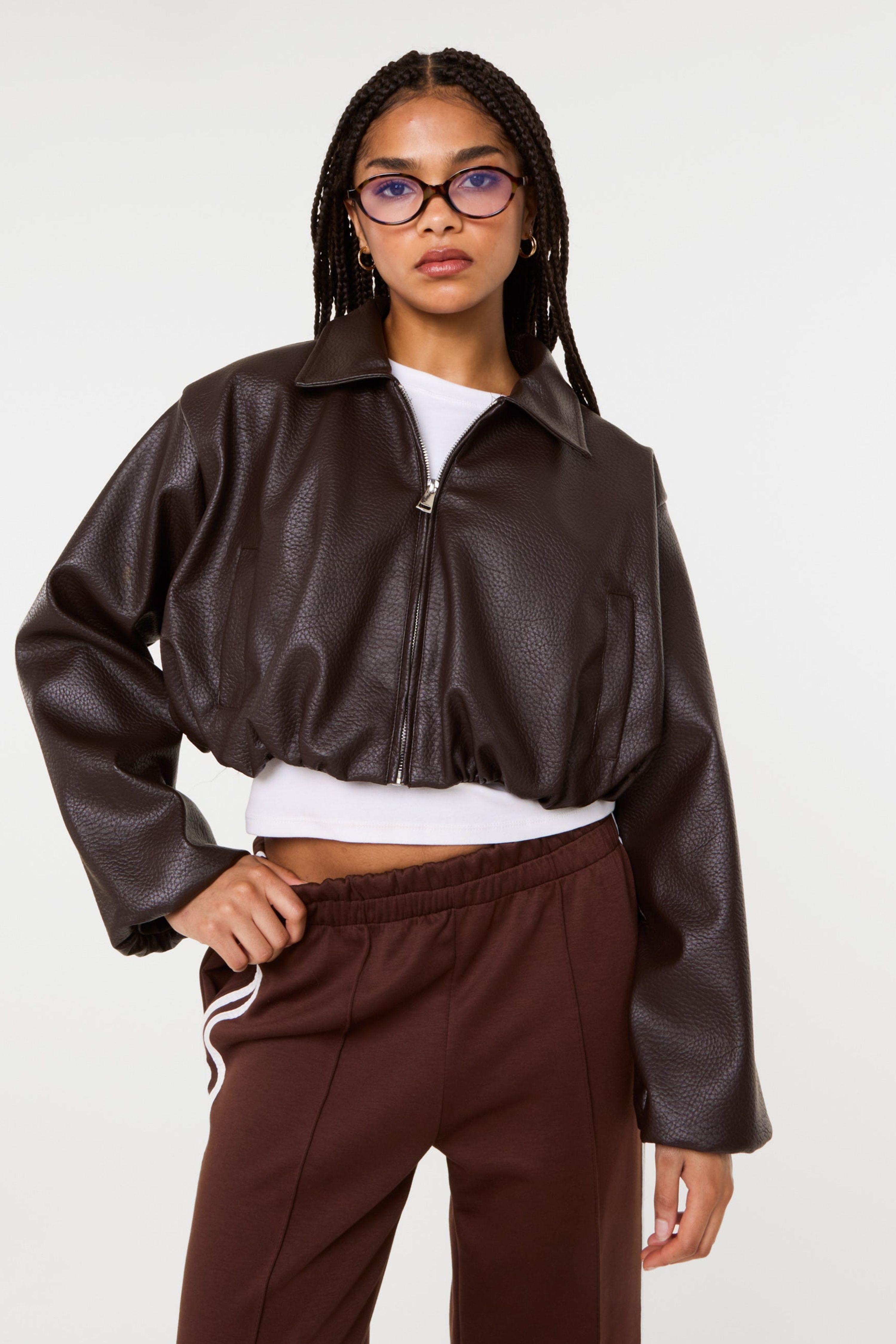 Brown Faux Leather Puffball Jacket by PINK VANILLA