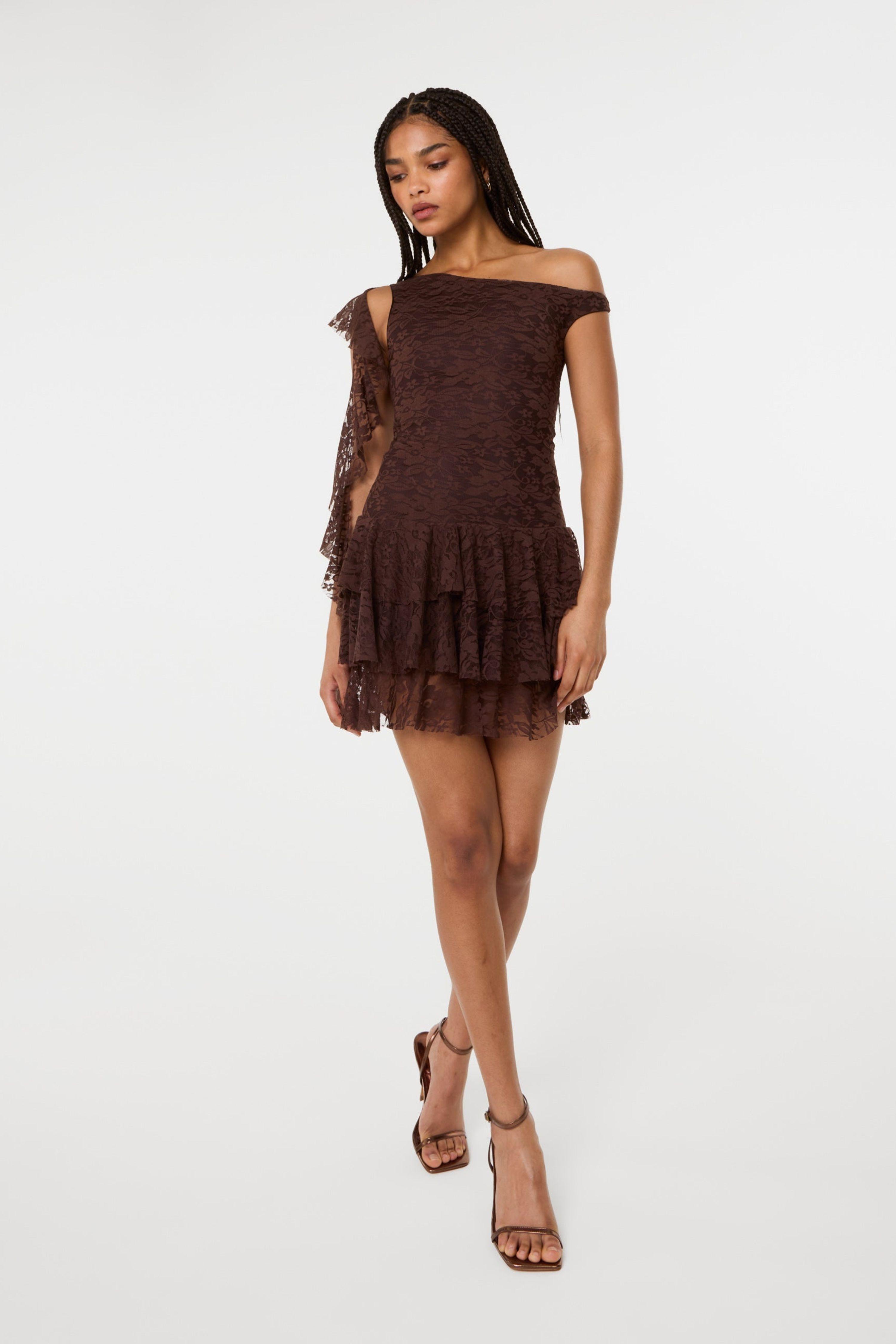 Brown Lace Ruffle Dress by PINK VANILLA