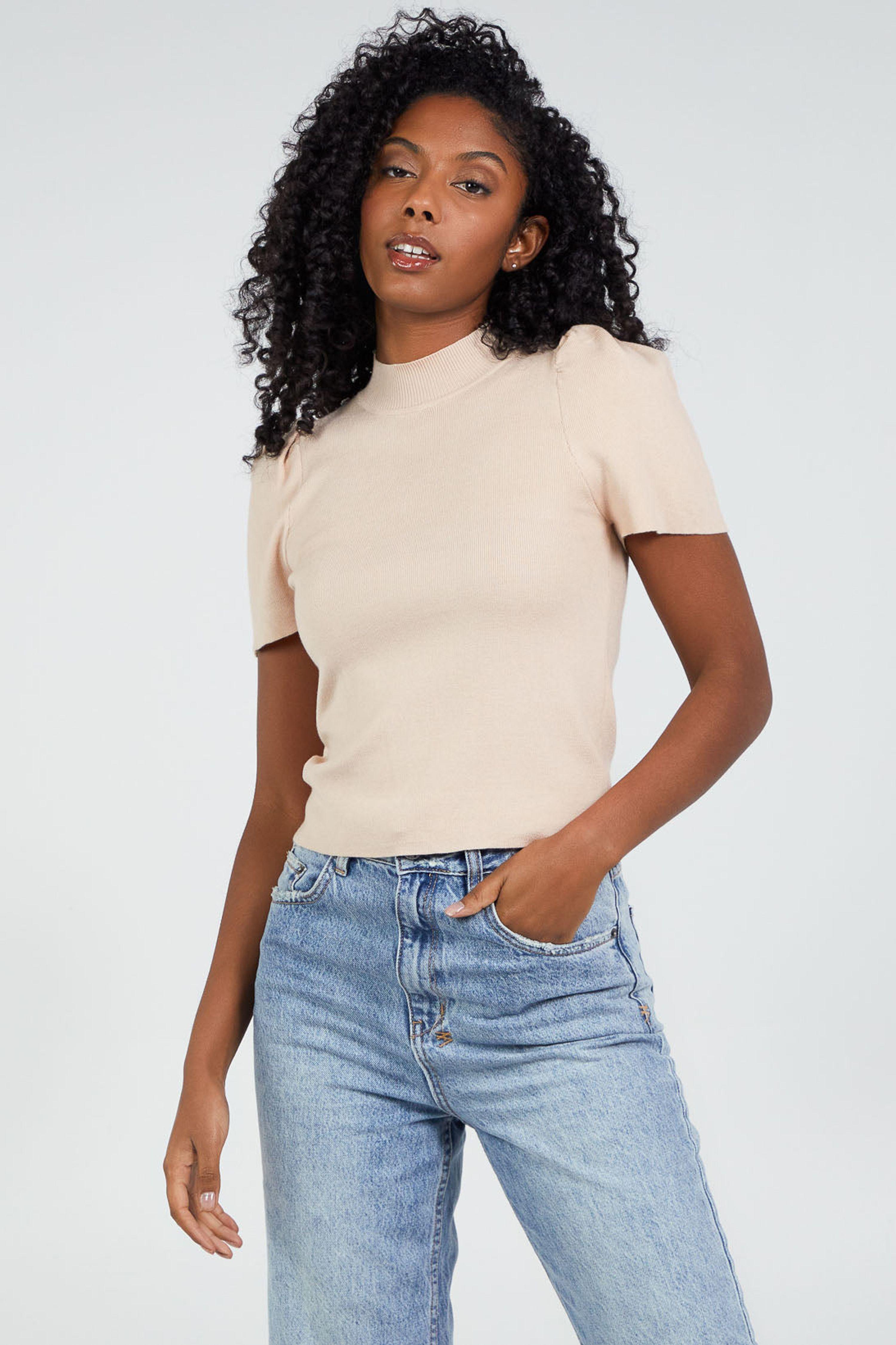 Camel Short Puff Sleeves Rollneck Ribbed Top by PINK VANILLA