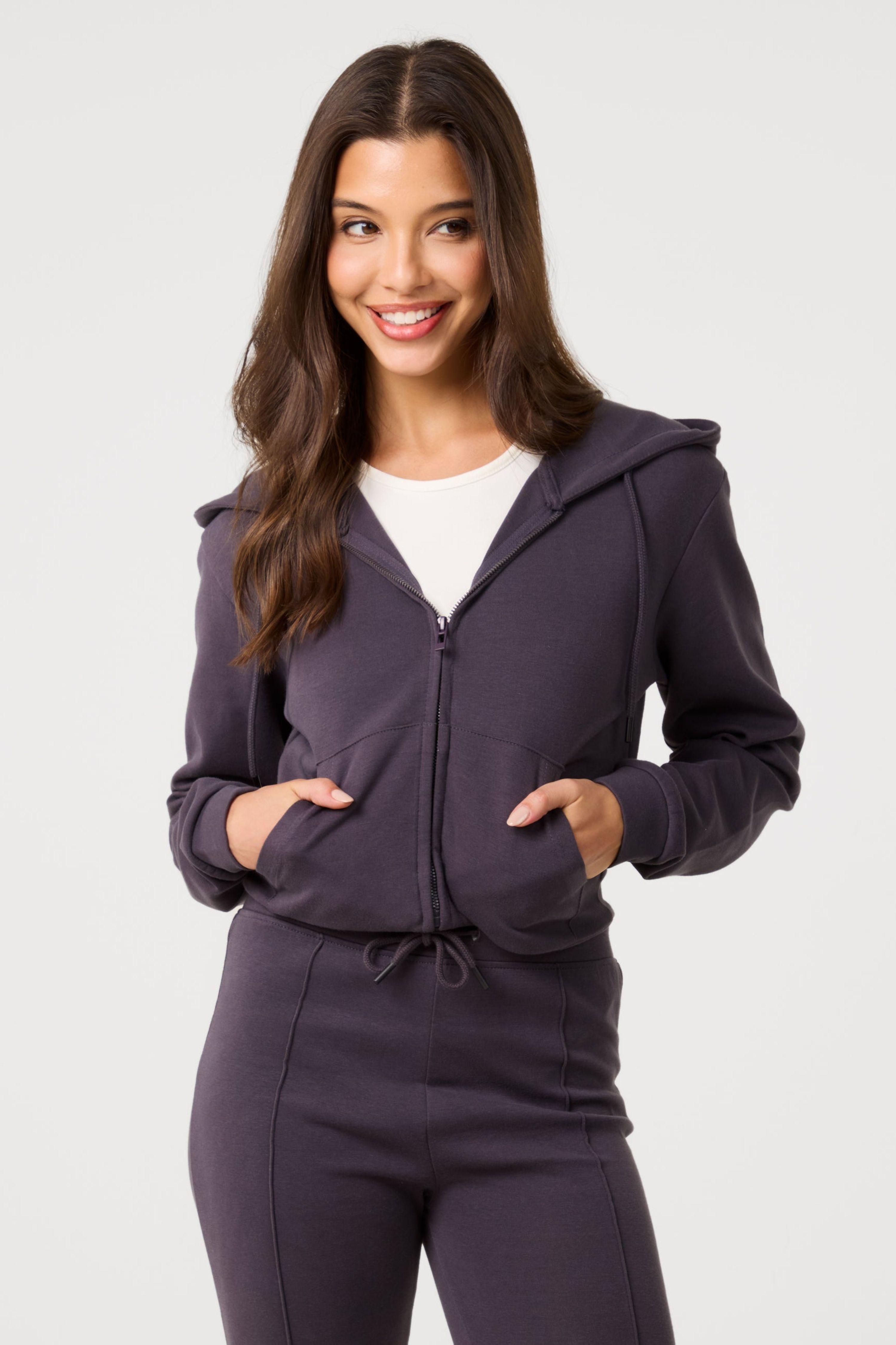 Dark Grey Zip Up Cropped Hoodie by PINK VANILLA