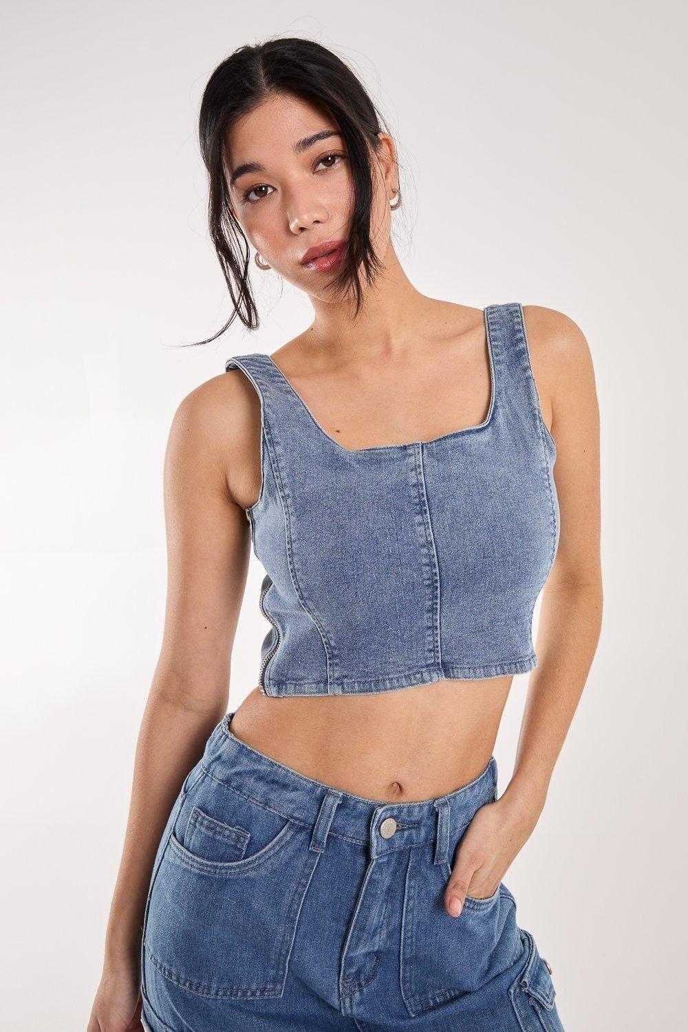 Denim Cropped Corset Top by PINK VANILLA