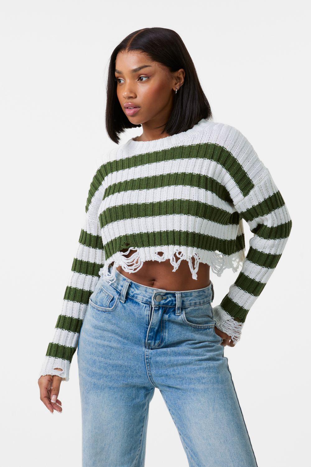 Distressed Striped Crop Knit Jumper by PINK VANILLA