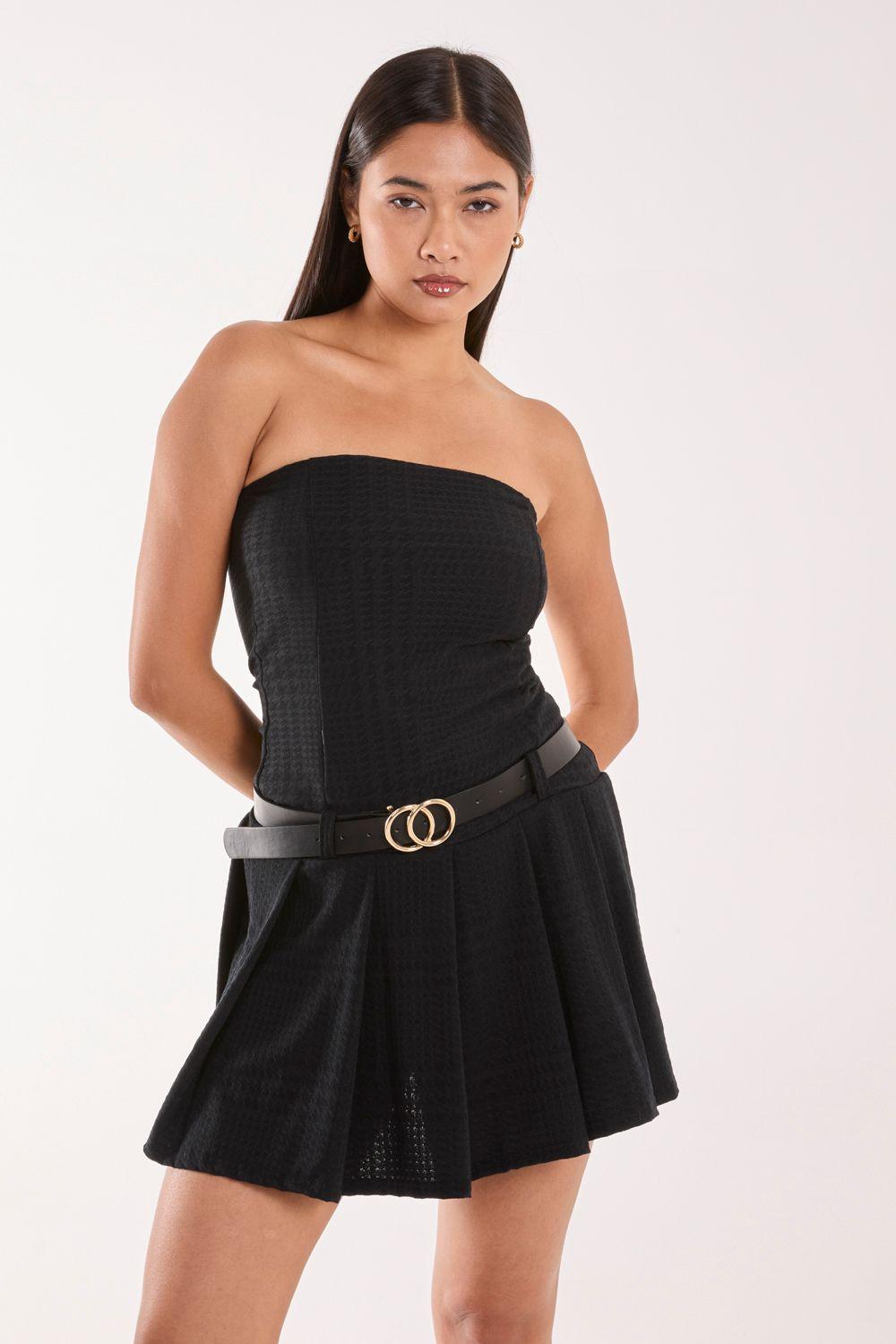 Dogtooth Belt Pleat Dress by PINK VANILLA