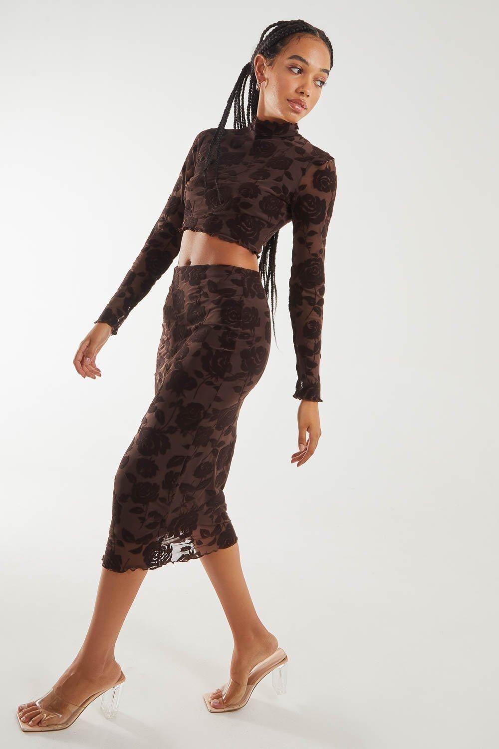Flocked Floral Midi Skirt by PINK VANILLA