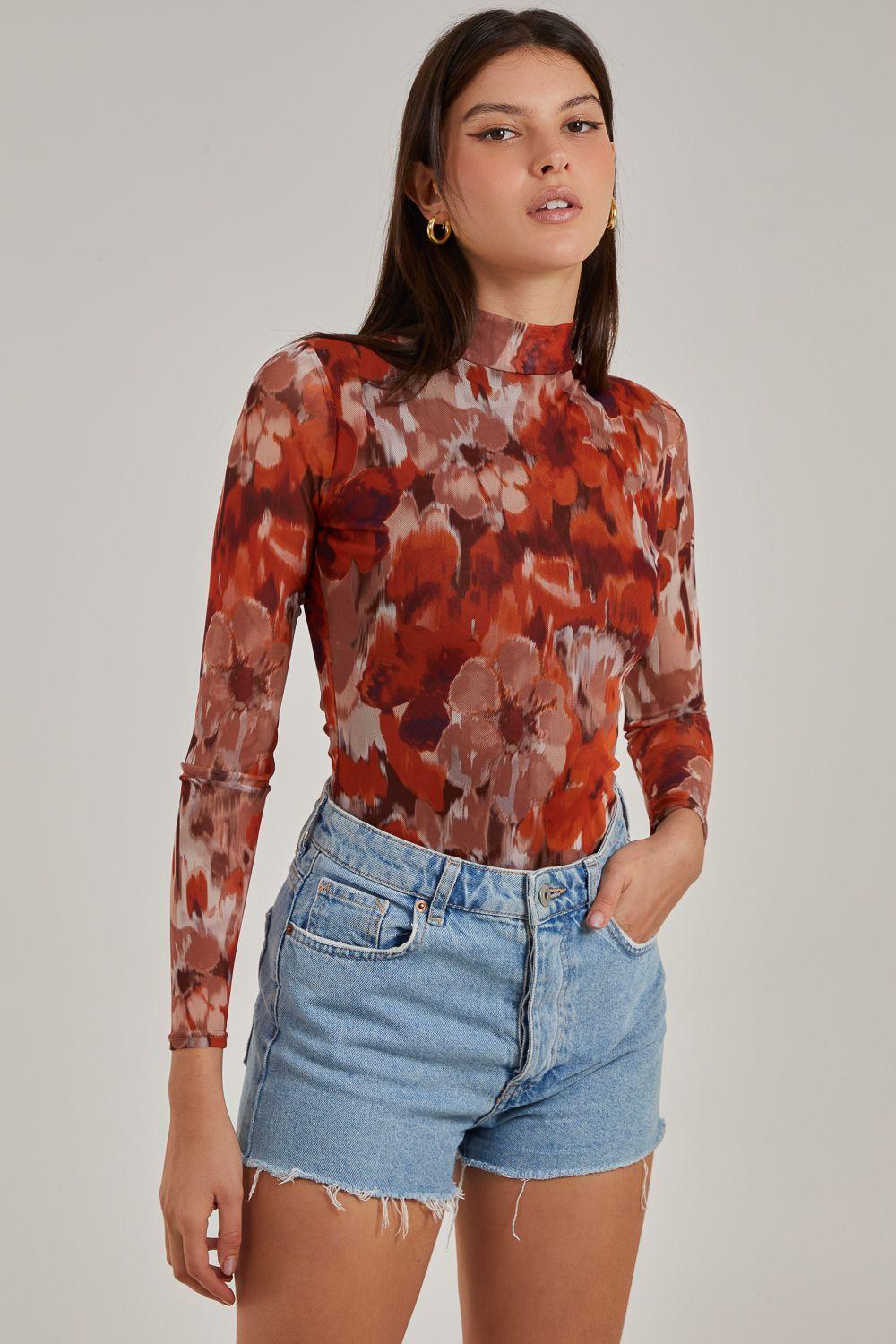 Graphic Floral High Neck Bodysuit by PINK VANILLA