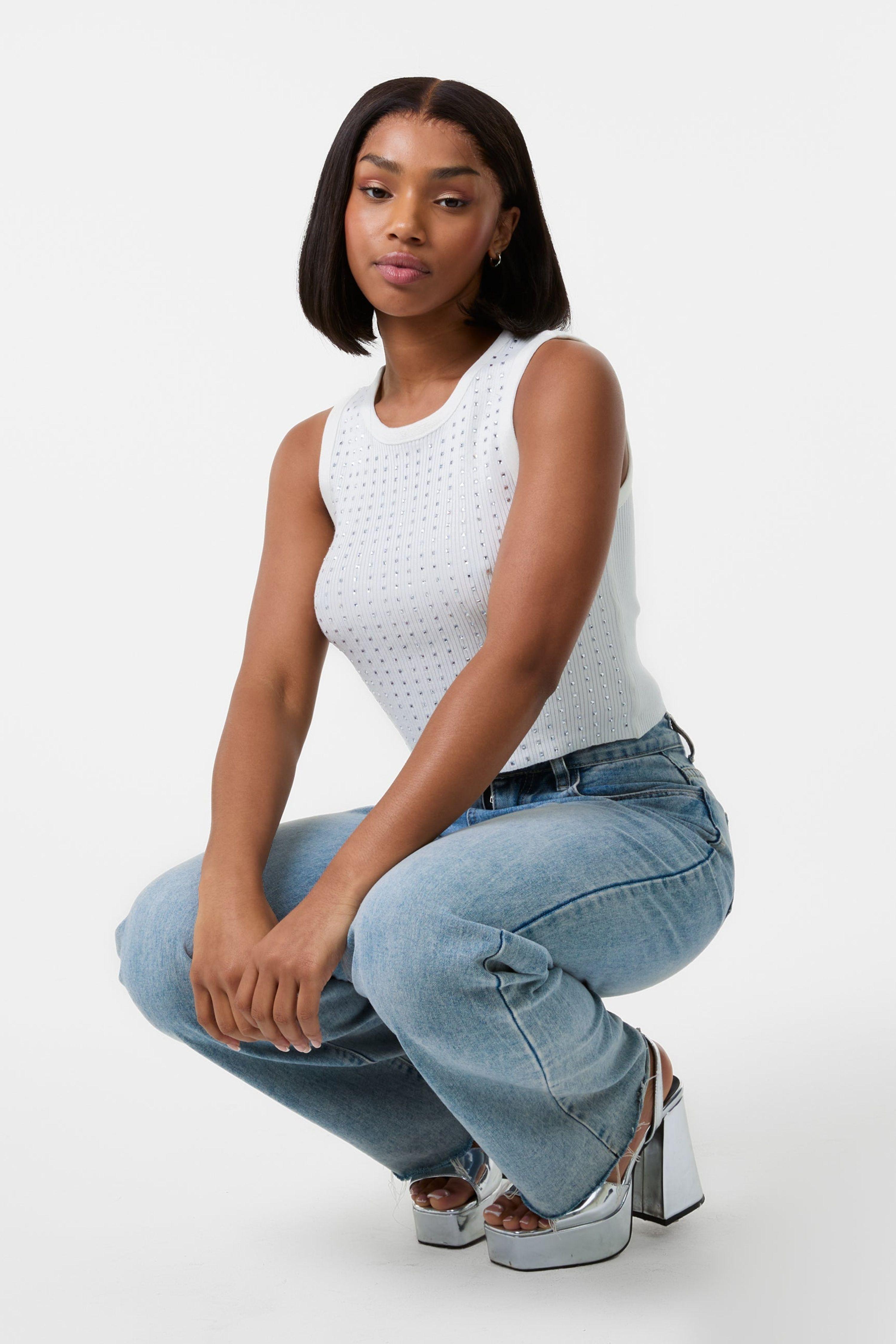 Ivory Diamante Ribbed Vest by PINK VANILLA