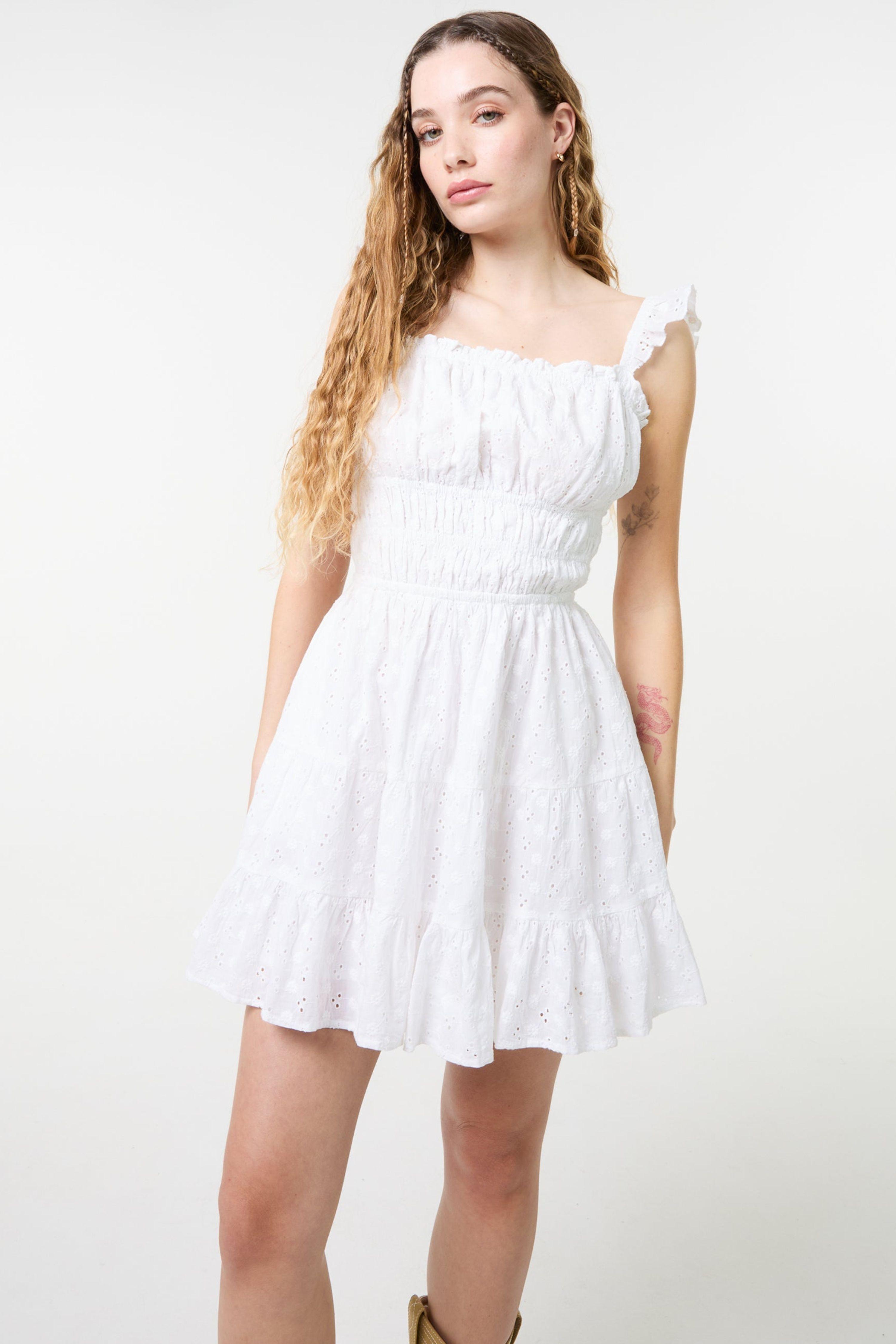 Ivory Tie Back Broderie Tiered Mini Dress by PINK VANILLA