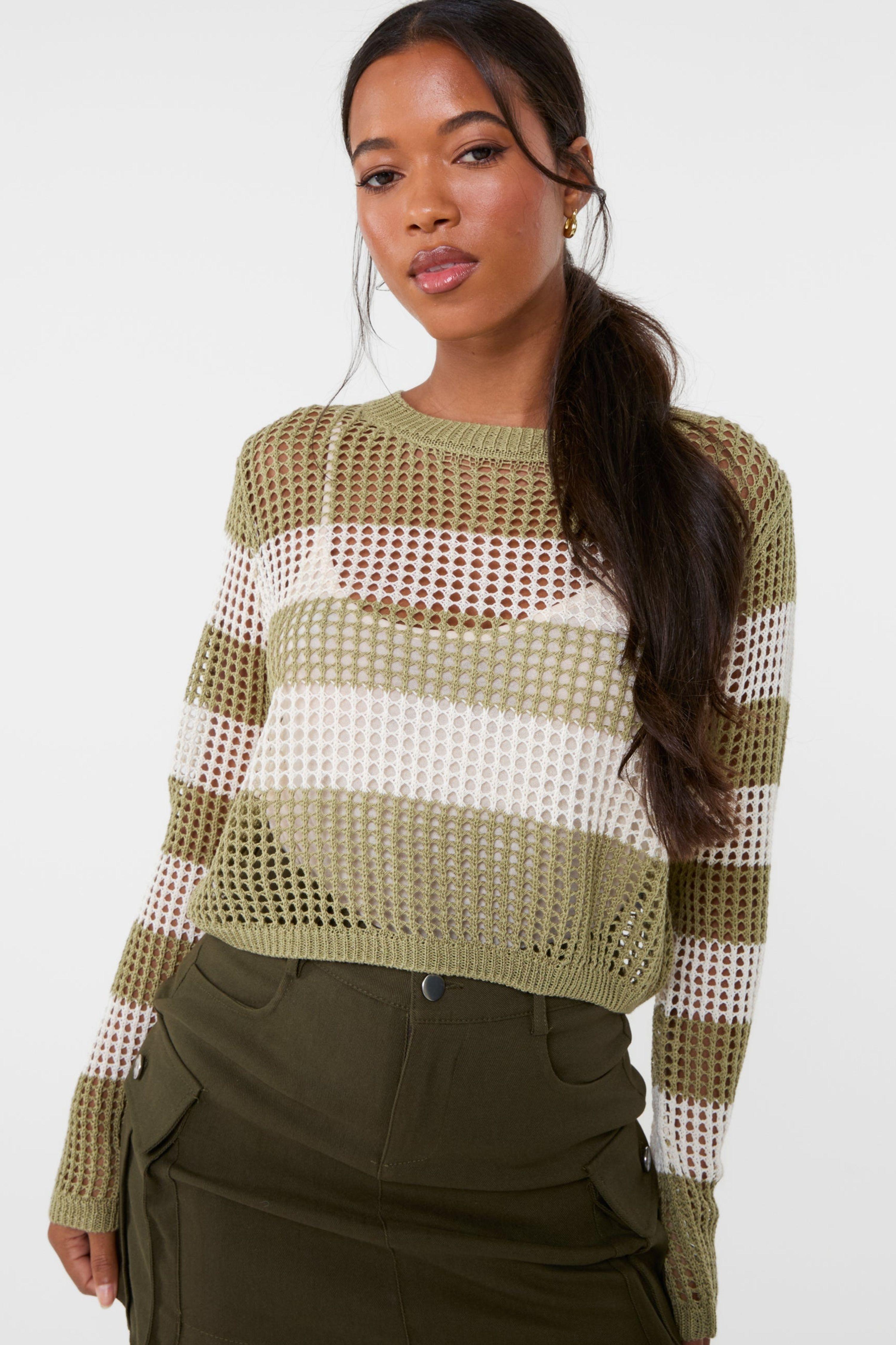 Khaki Stripe Crochet Jumper by PINK VANILLA