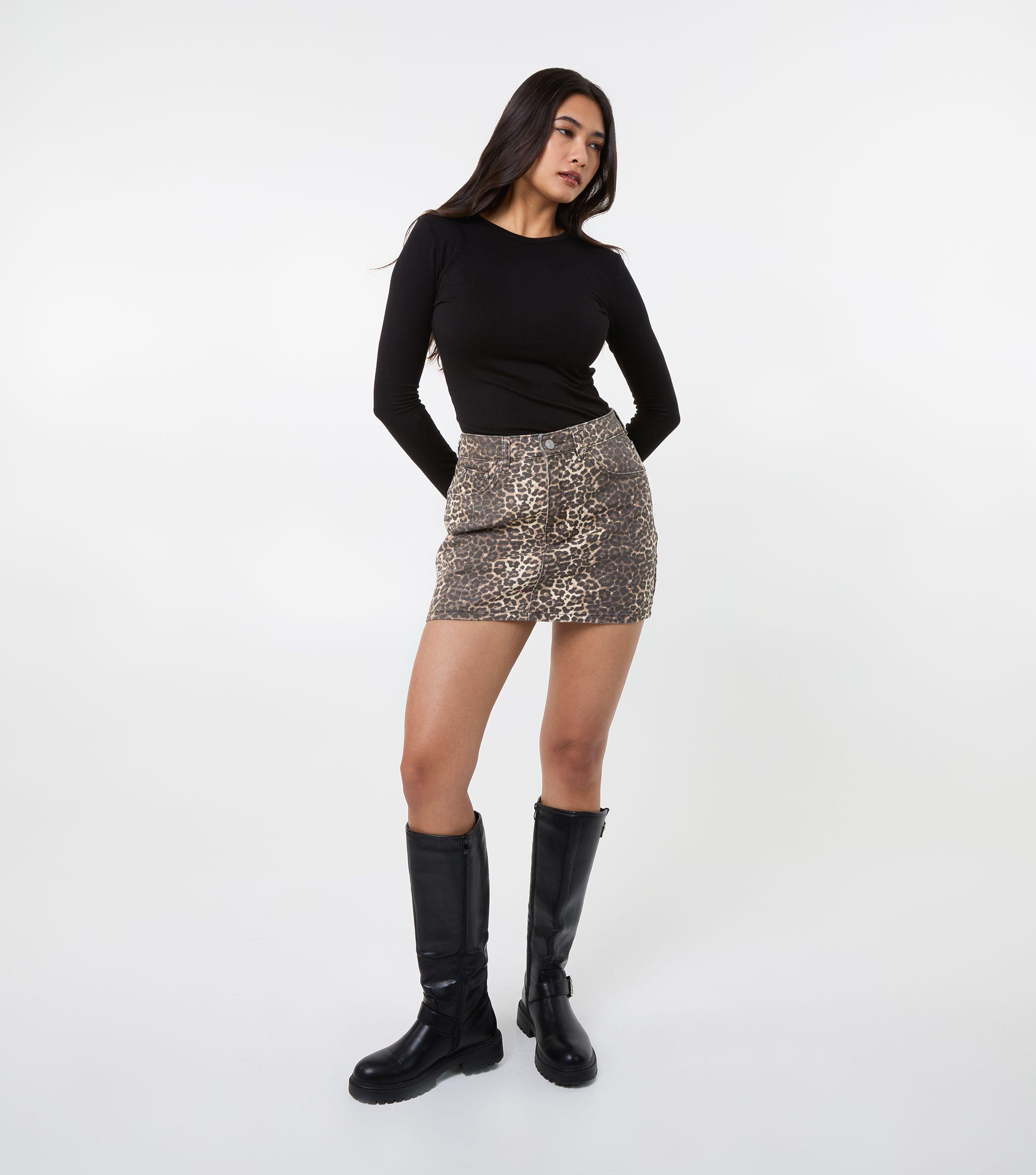 Leopard Print Denim Mini Skirt by PINK VANILLA