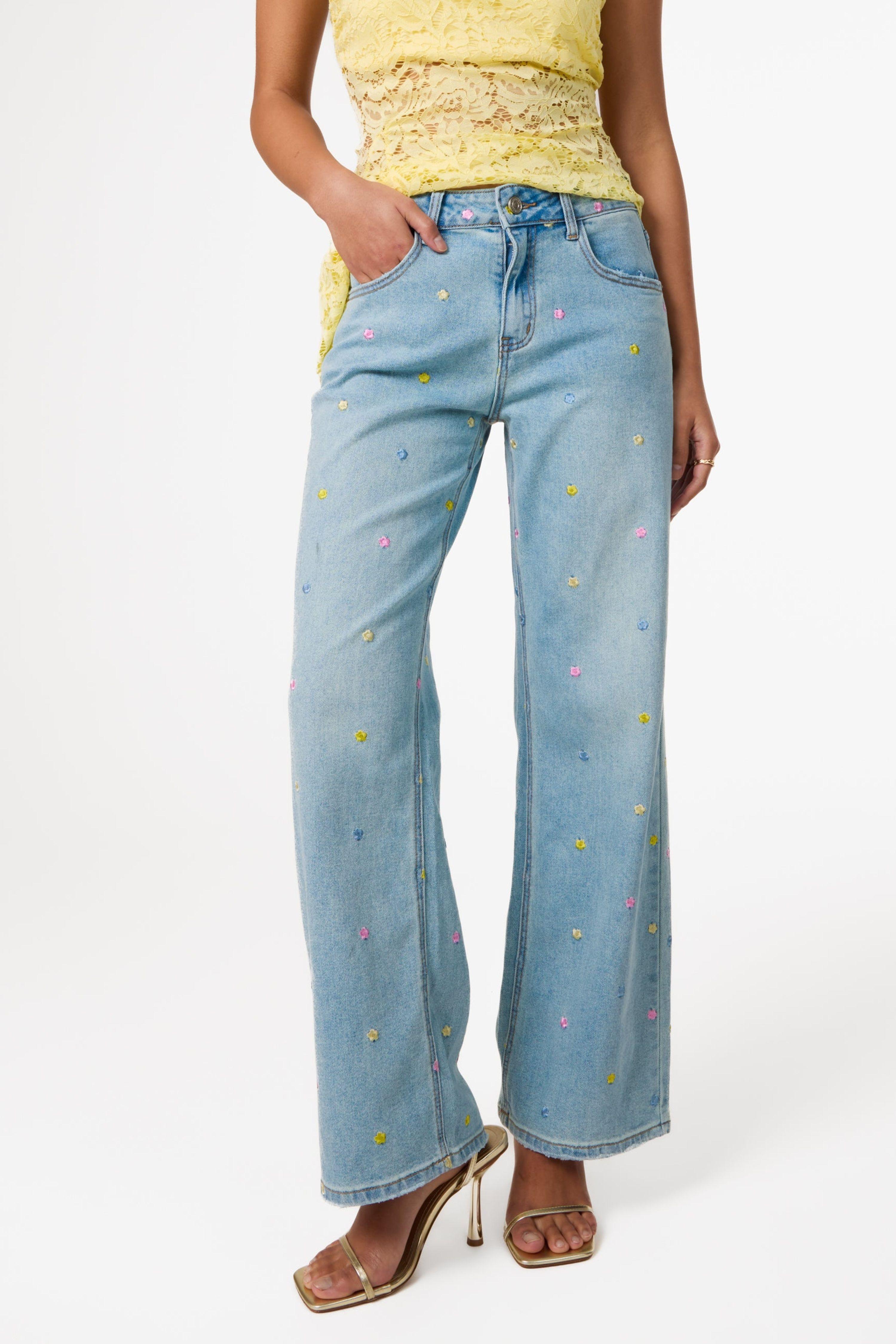 Light Blue Allover Embroidered Flower Wide Leg Jeans by PINK VANILLA