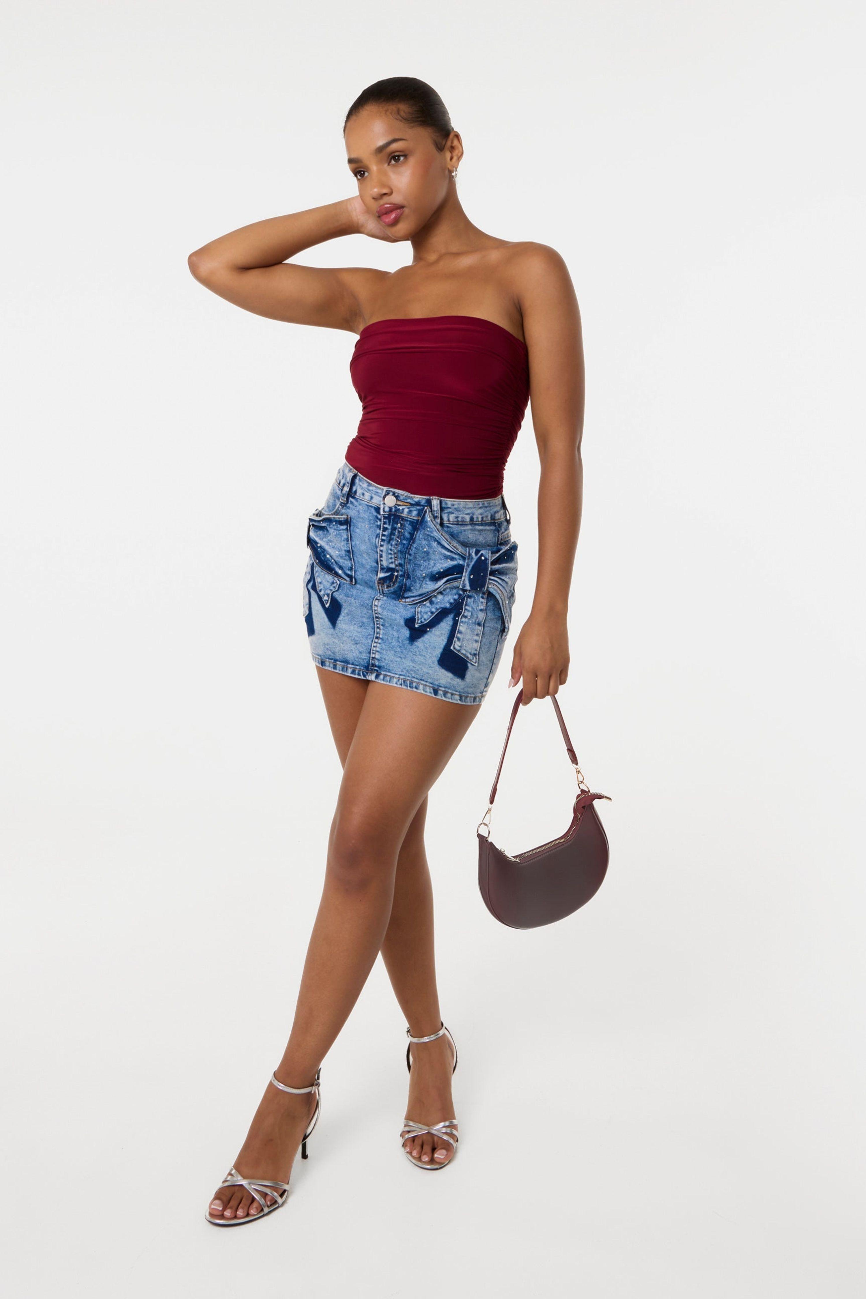 Light Blue Diamante Bow Denim Mini Skirt by PINK VANILLA Light Blue Diamante Bow Denim Mini Skirt by PINK VANILLA