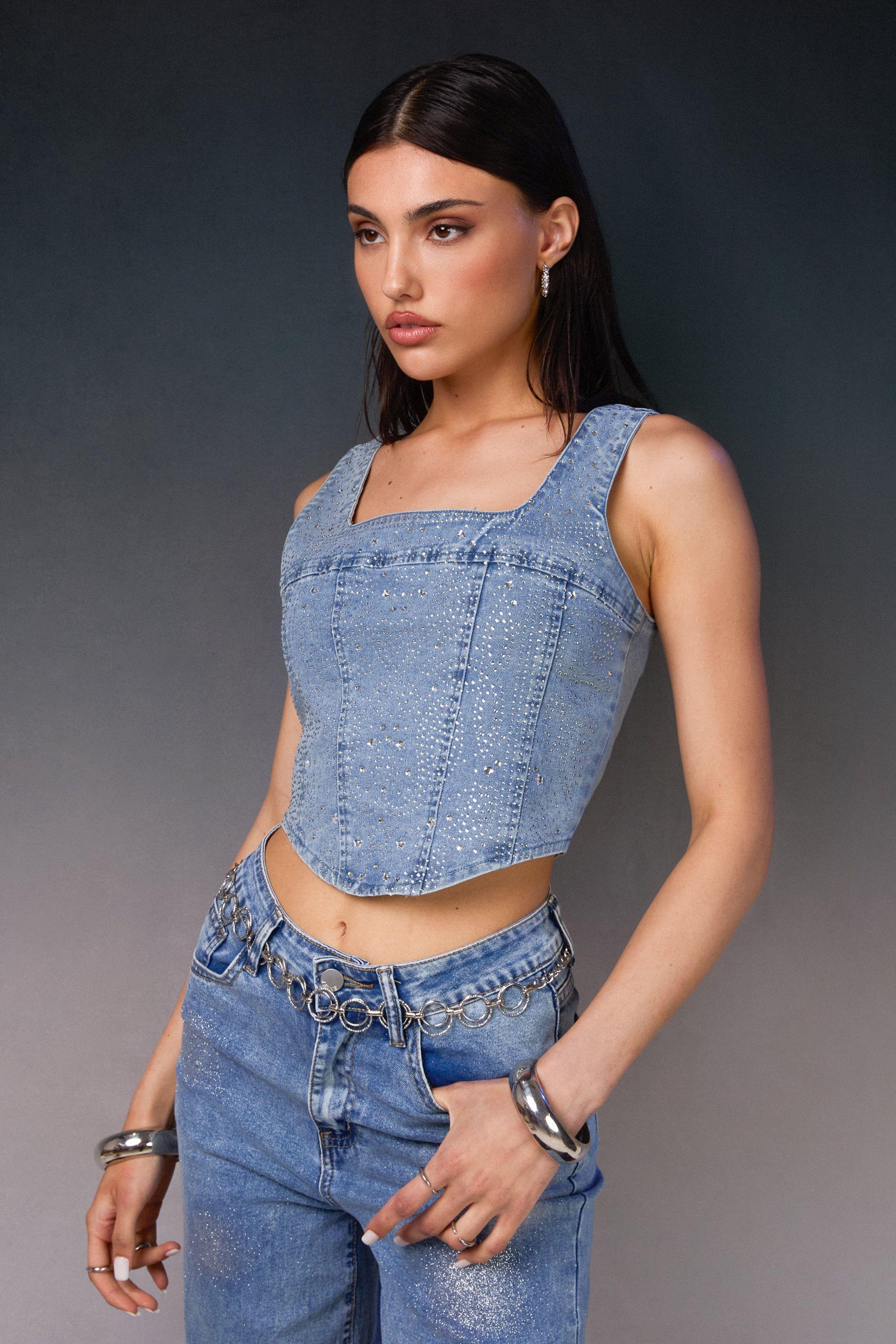 Light Blue Diamante Denim Corset Top by PINK VANILLA