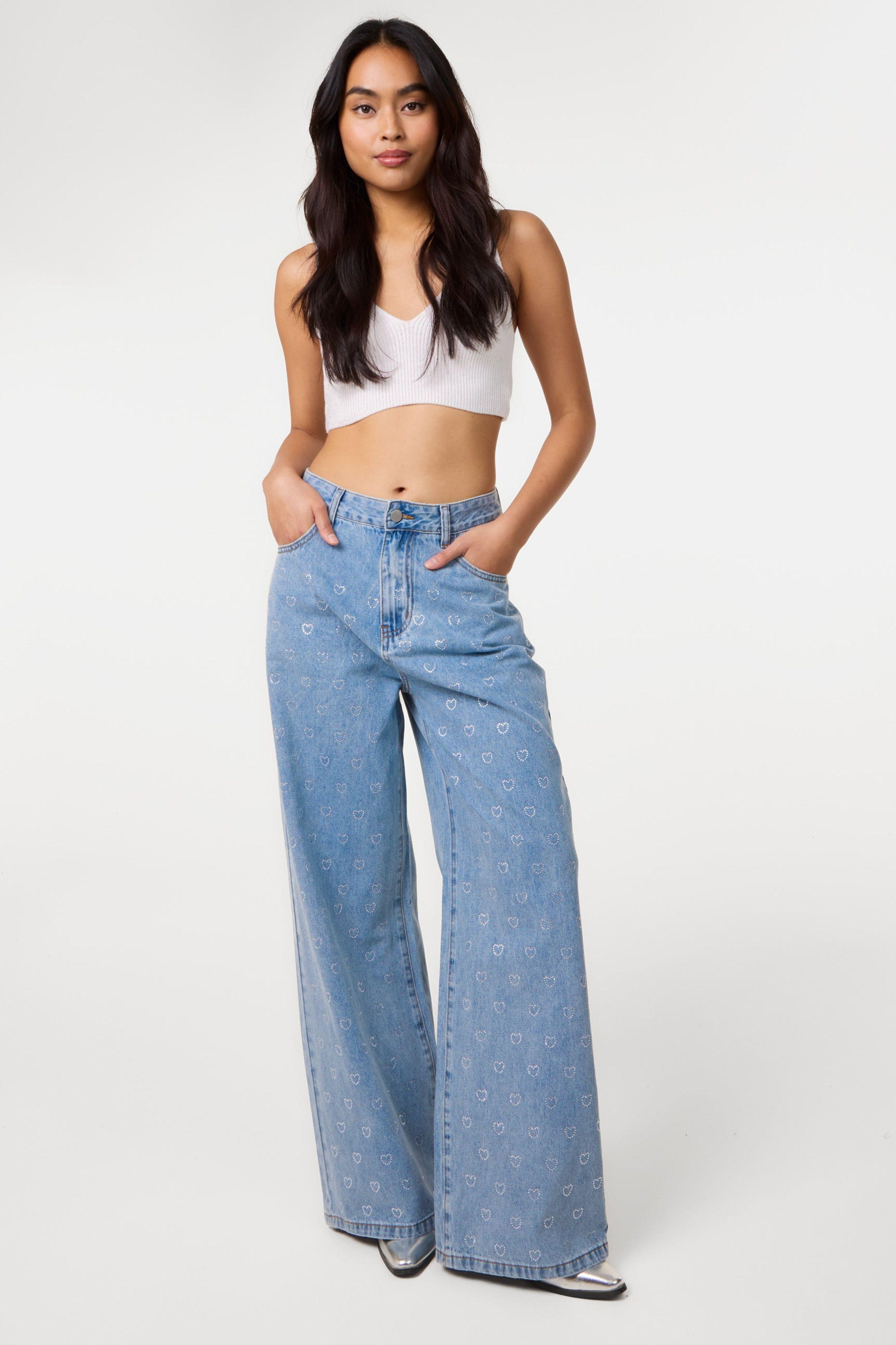 Light Blue Heart Embellished Jeans by PINK VANILLA