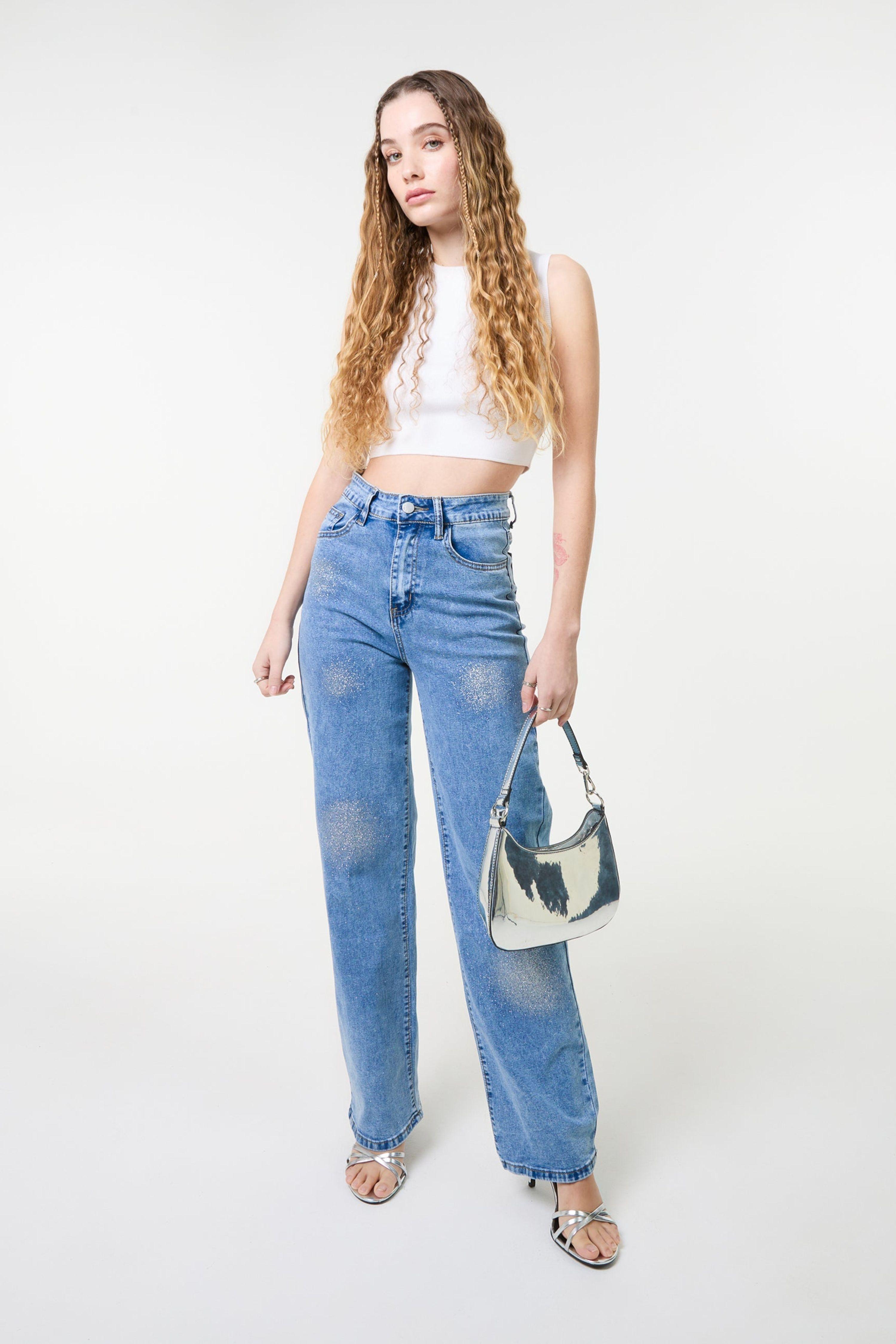 Light Blue High Waist Glitter Jeans by PINK VANILLA