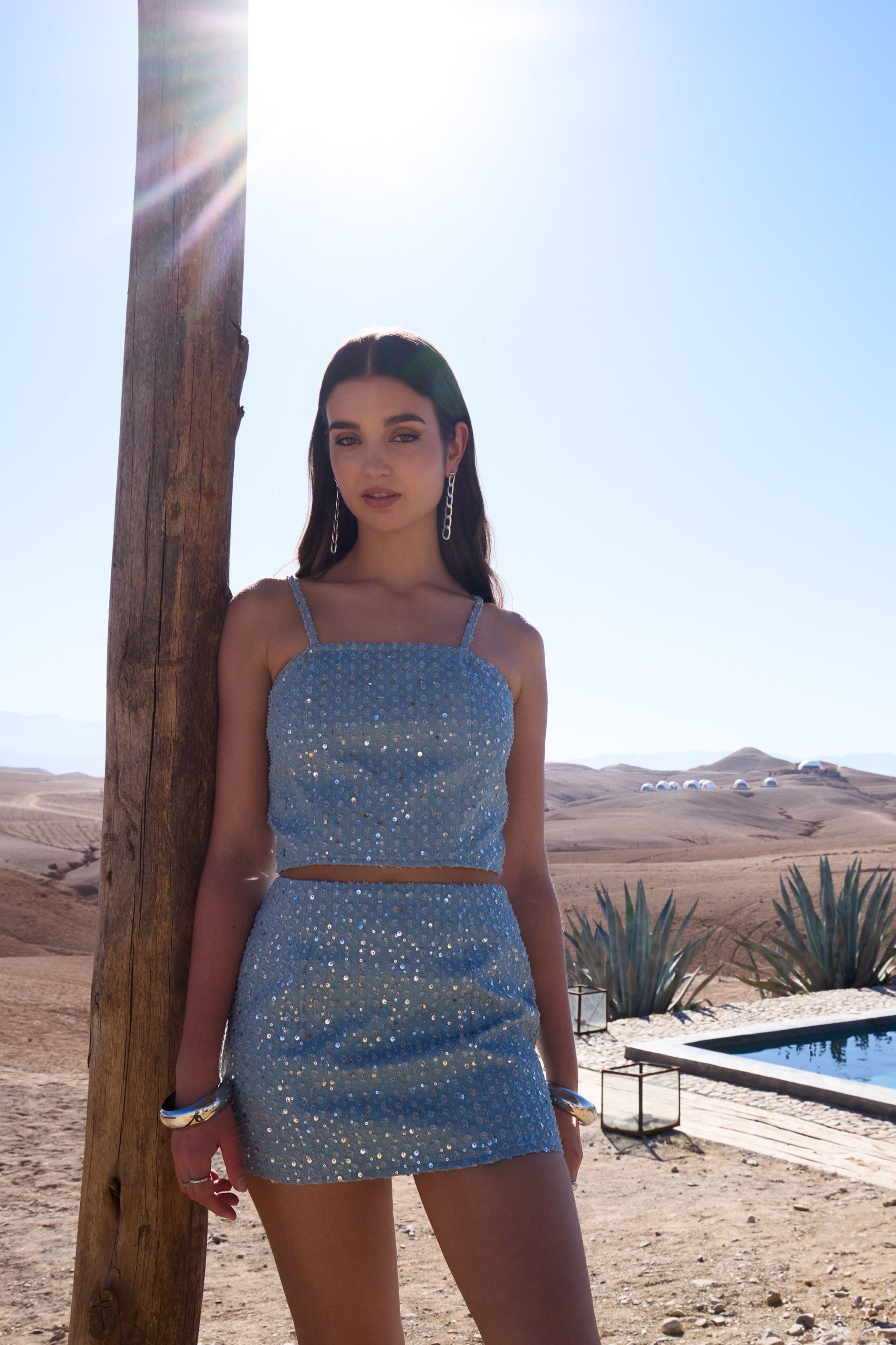 Light Blue Sequin Embellished Denim Skirt by PINK VANILLA