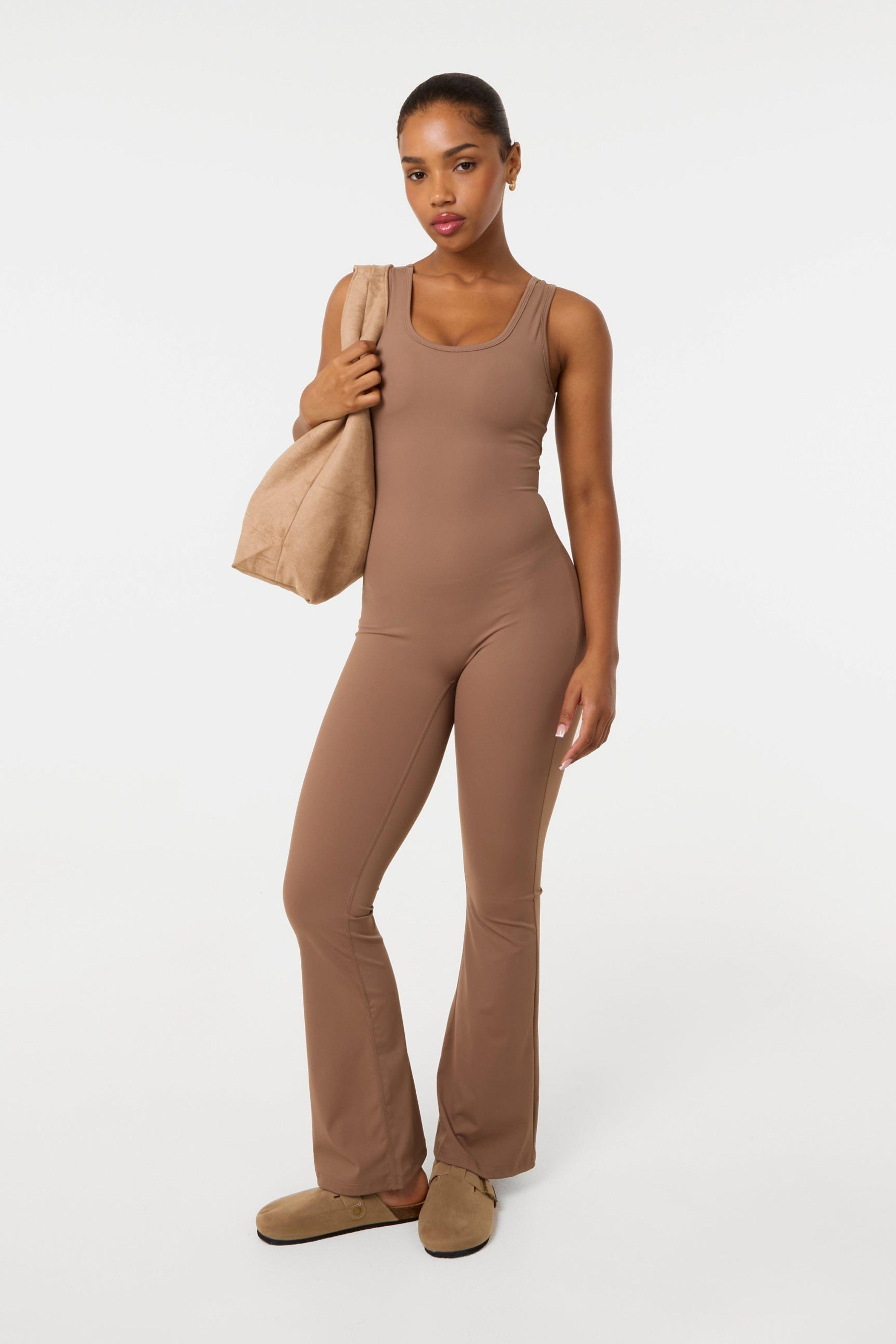 Light Brown Ruched Bum Openback Unitard by PINK VANILLA