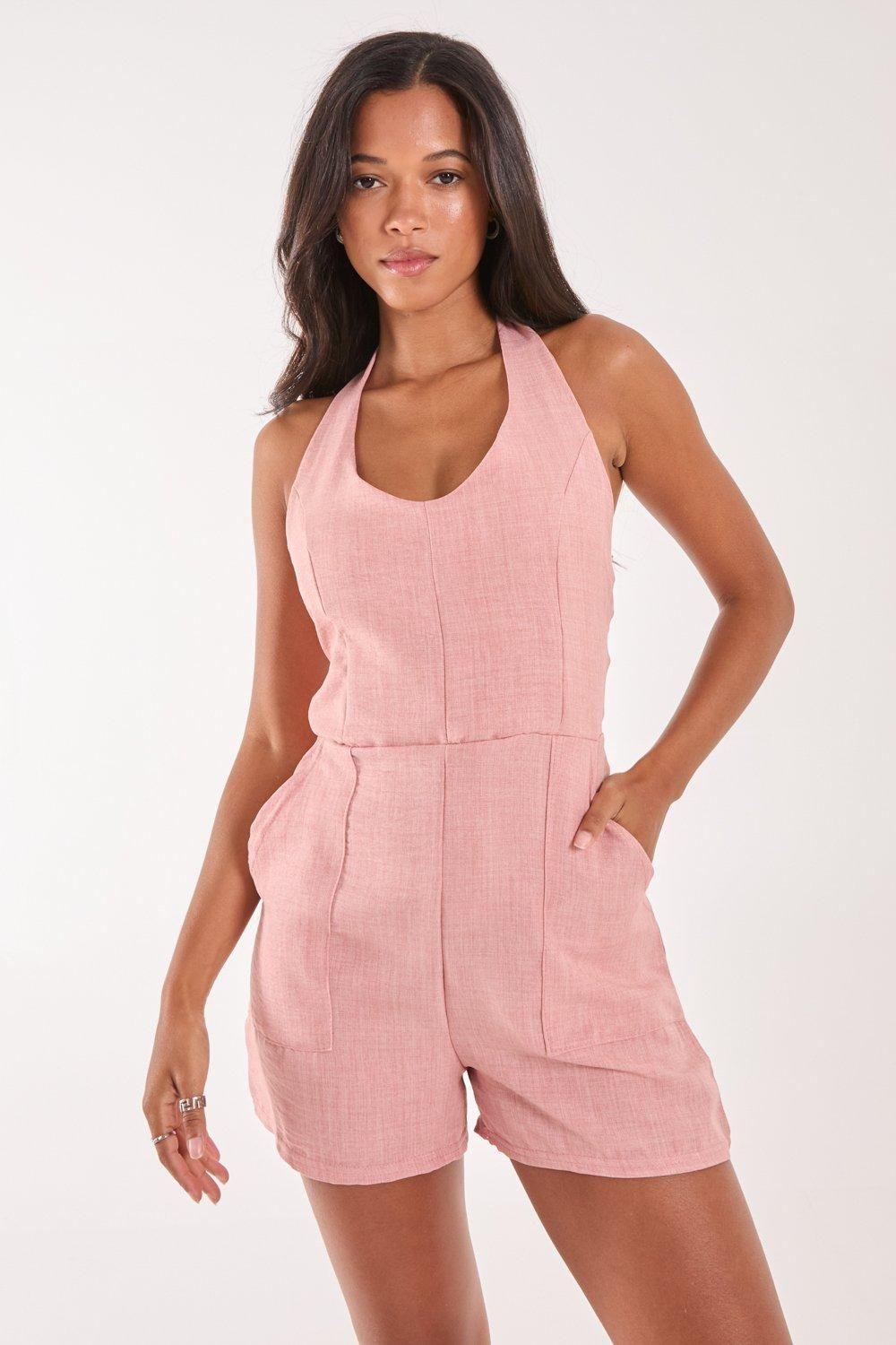 Linen Style Halter Playsuit by PINK VANILLA