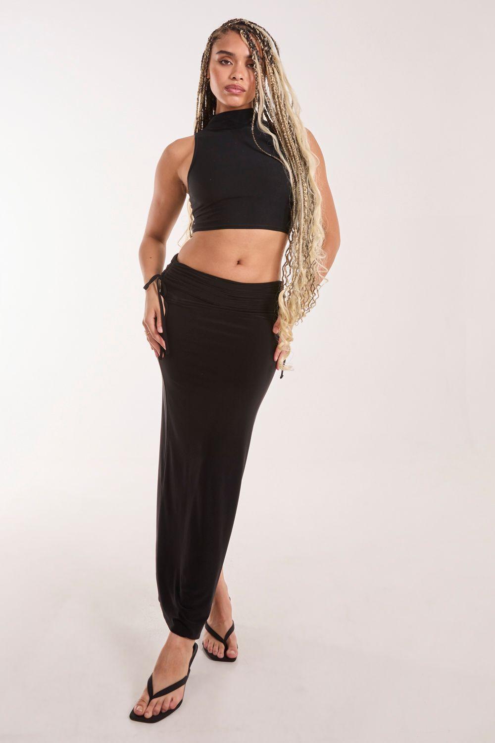 Low Rise Fold Over Slinky Maxi Skirt by PINK VANILLA