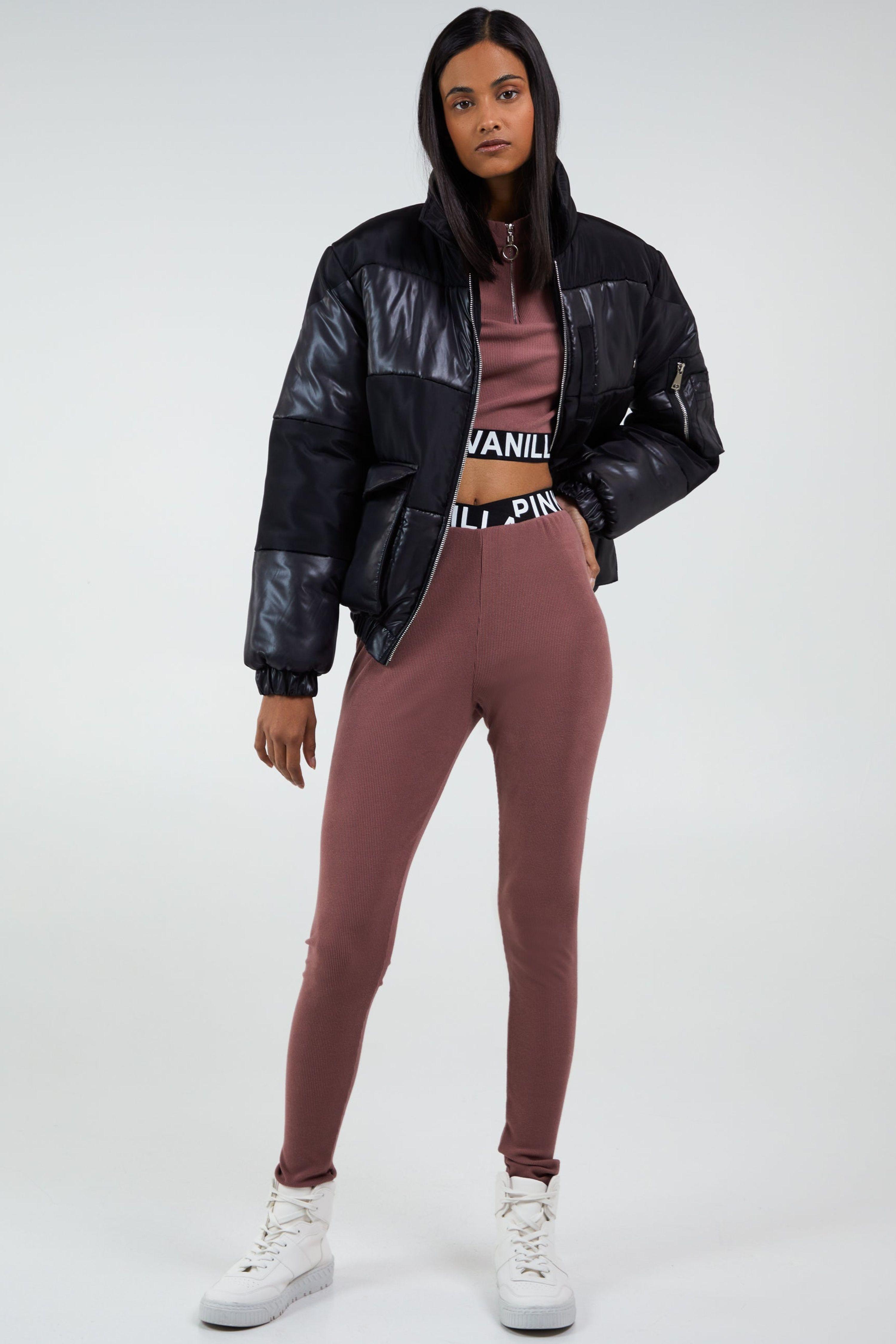 Mauve Ribbed Legging With Logo Waistband Leggings by PINK VANILLA