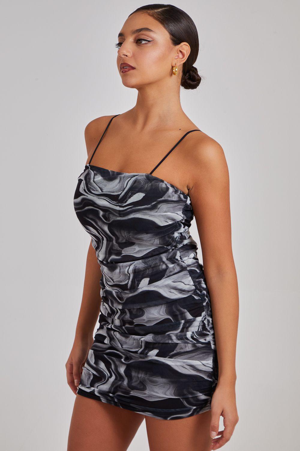 Mesh Marble Ruched Cami Mini Dress by PINK VANILLA