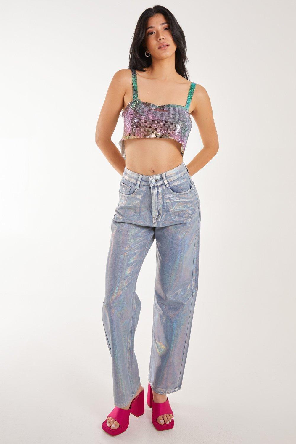 Metallic Silver Foil Coated Jeans by PINK VANILLA