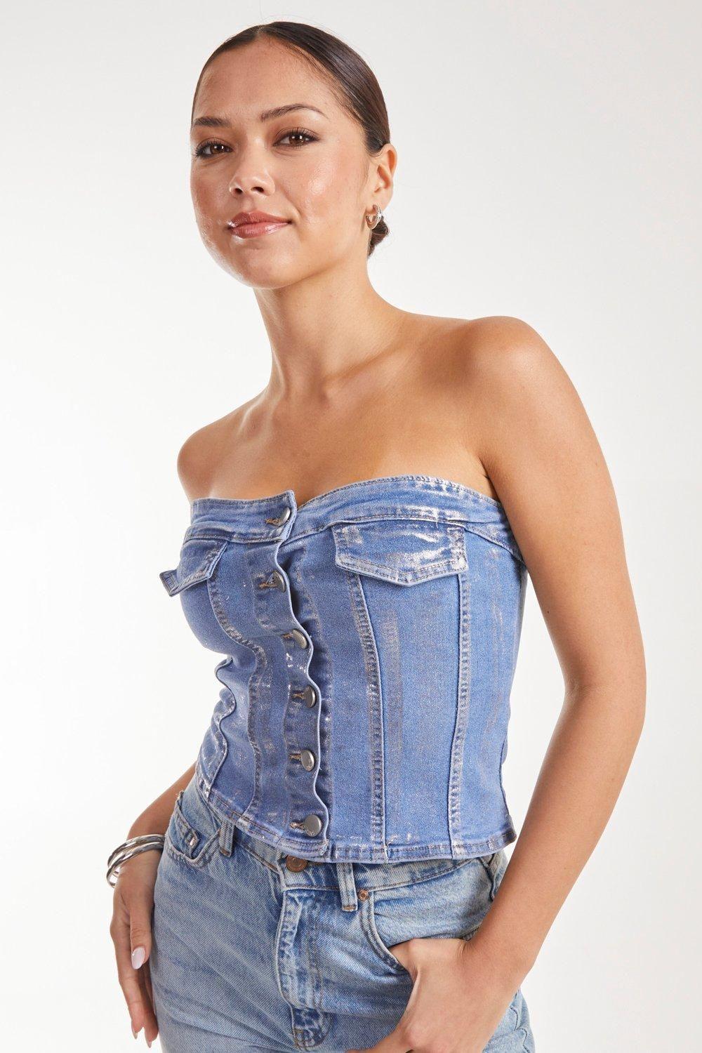 Metallic Silver Foil Denim Corset Top by PINK VANILLA