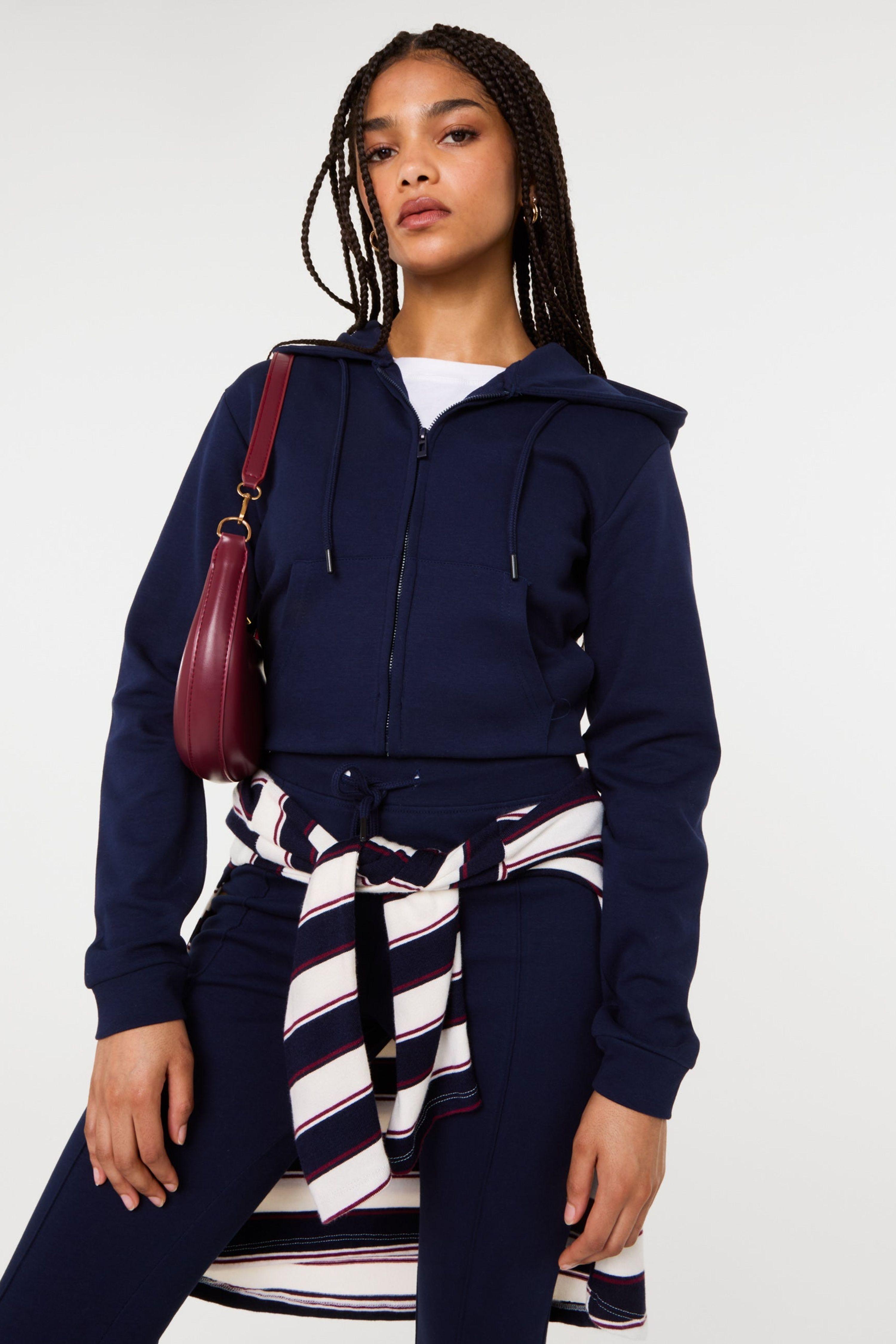 Navy Zip Up Cropped Hoodie by PINK VANILLA