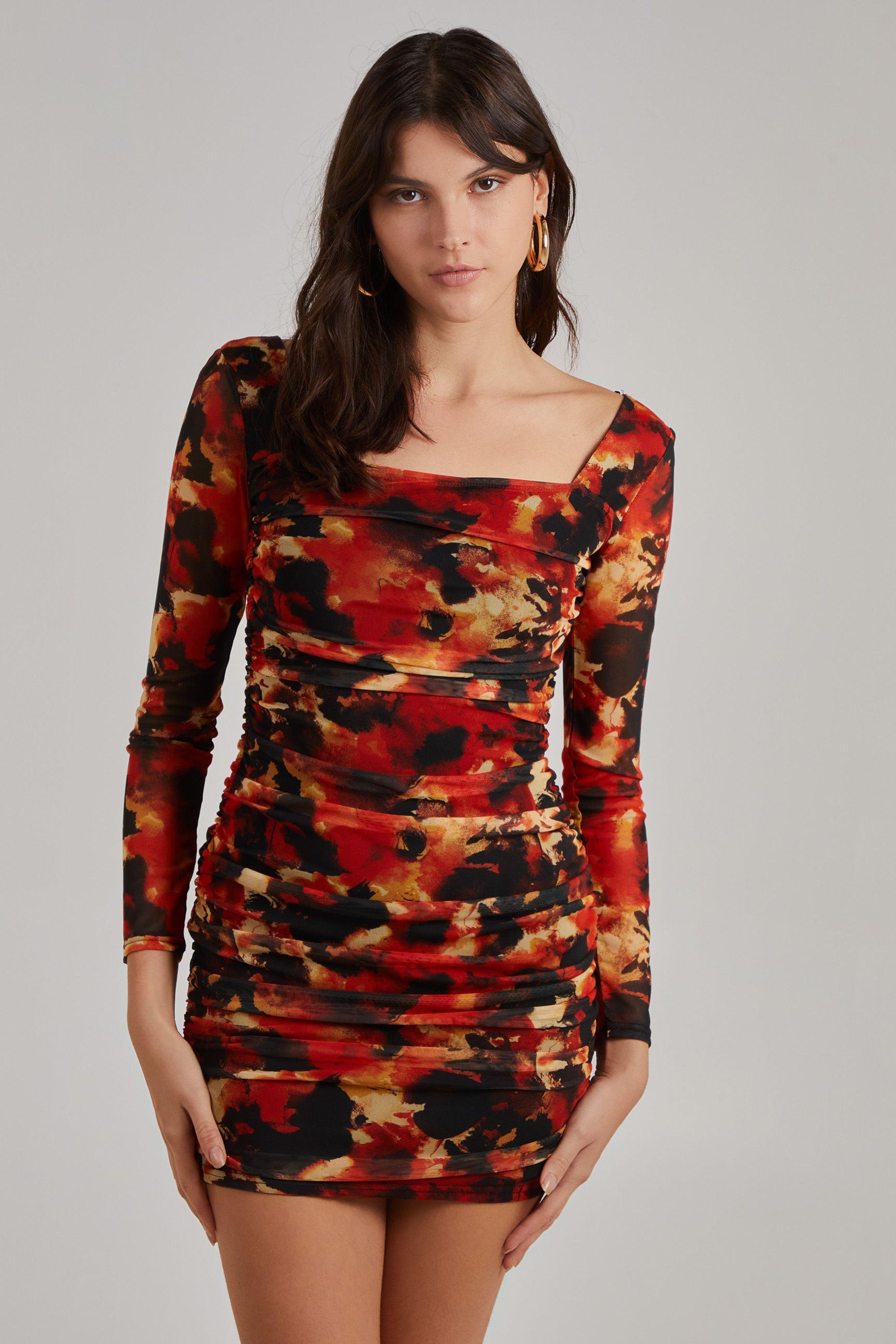 Orange Ruched Smudge Print Long Sleeved Dress by PINK VANILLA