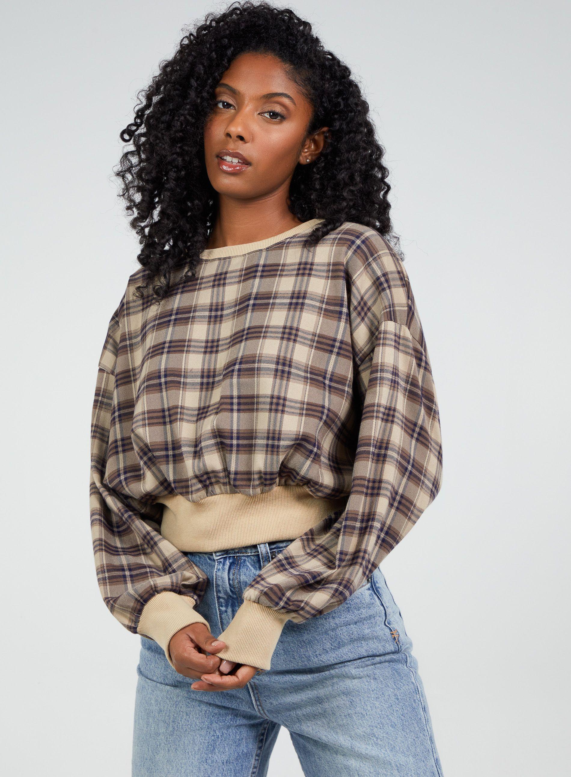Overiszed Cropped Check Sweatshirt by PINK VANILLA