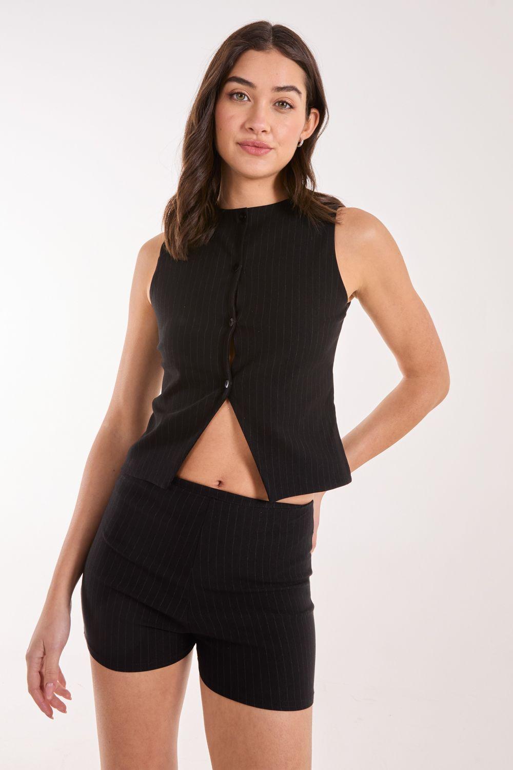 Pinstripe Button Front Longline Waistcoat by PINK VANILLA