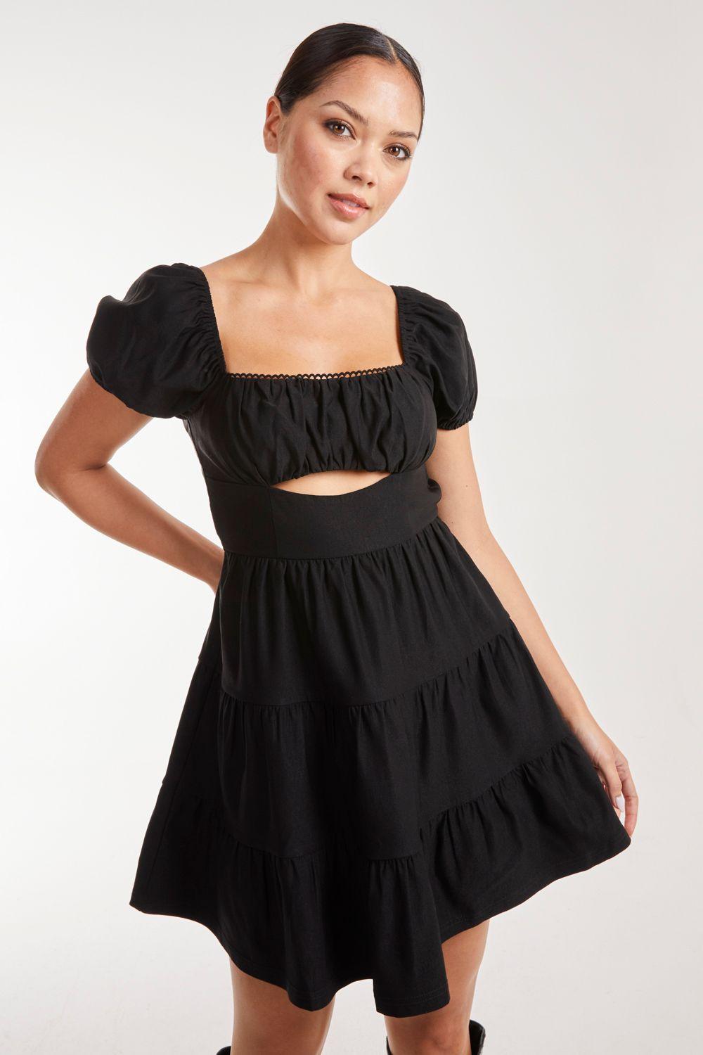 Puff Sleeve Peekaboo Tiered Mini Dress by PINK VANILLA