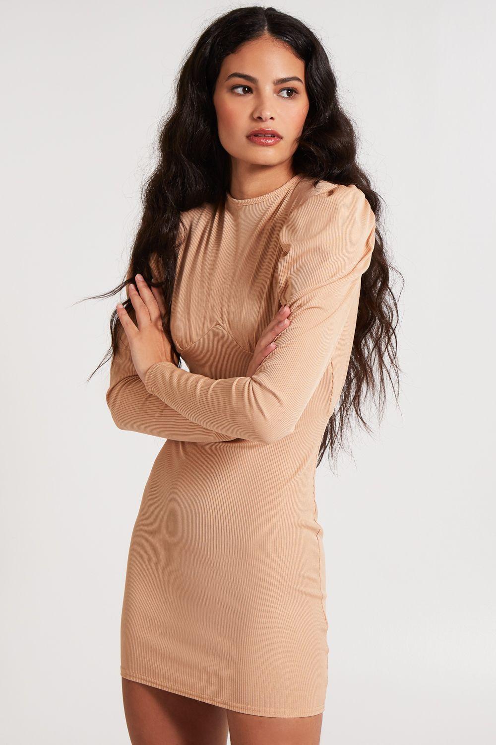 Ribbed Open Back Padded Shoulder Dress by PINK VANILLA