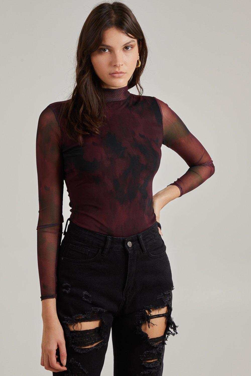 Smudge Print Long Sleeve Mesh Bodysuit by PINK VANILLA