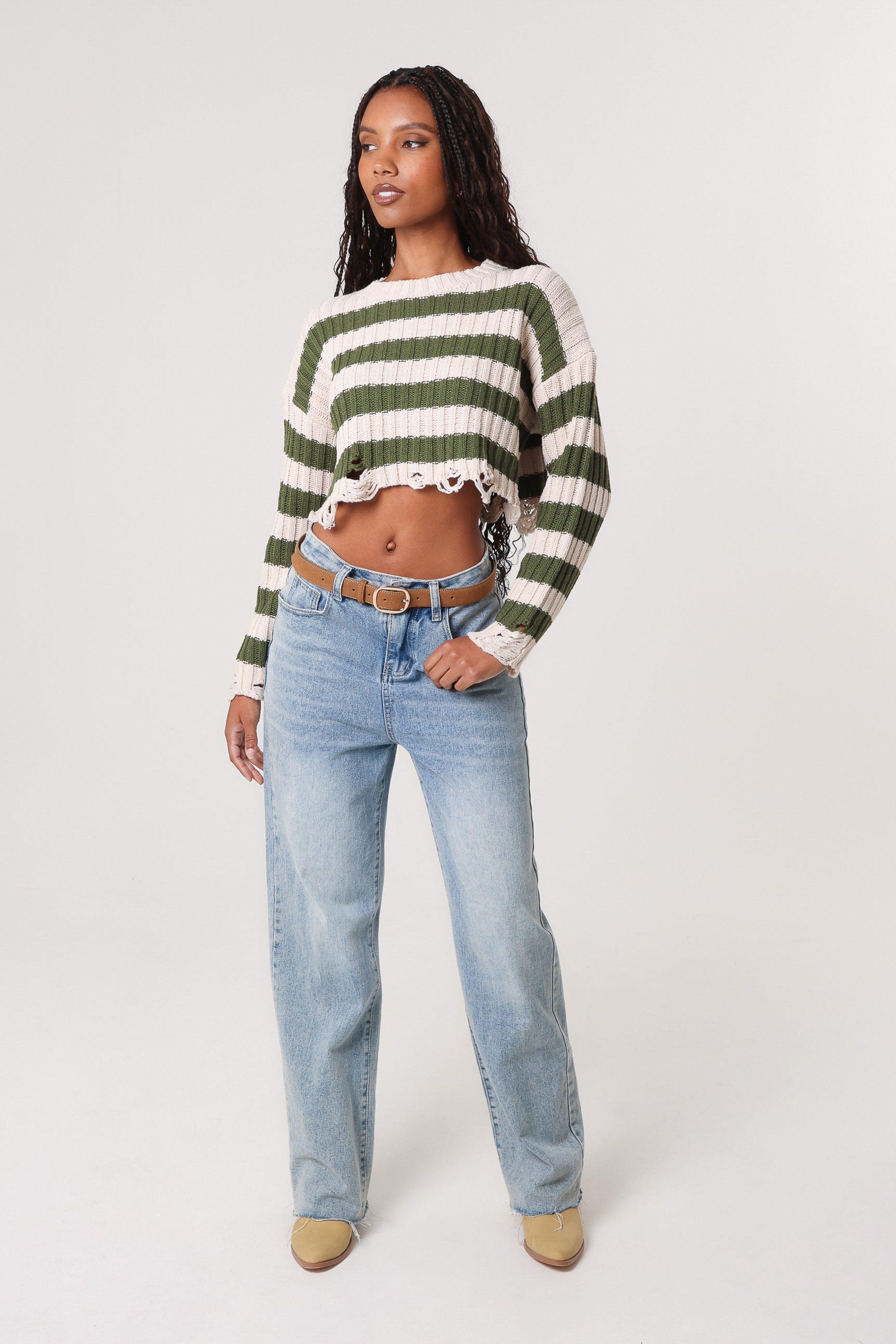 Stone Distressed Striped Crop Knit Jumper by PINK VANILLA