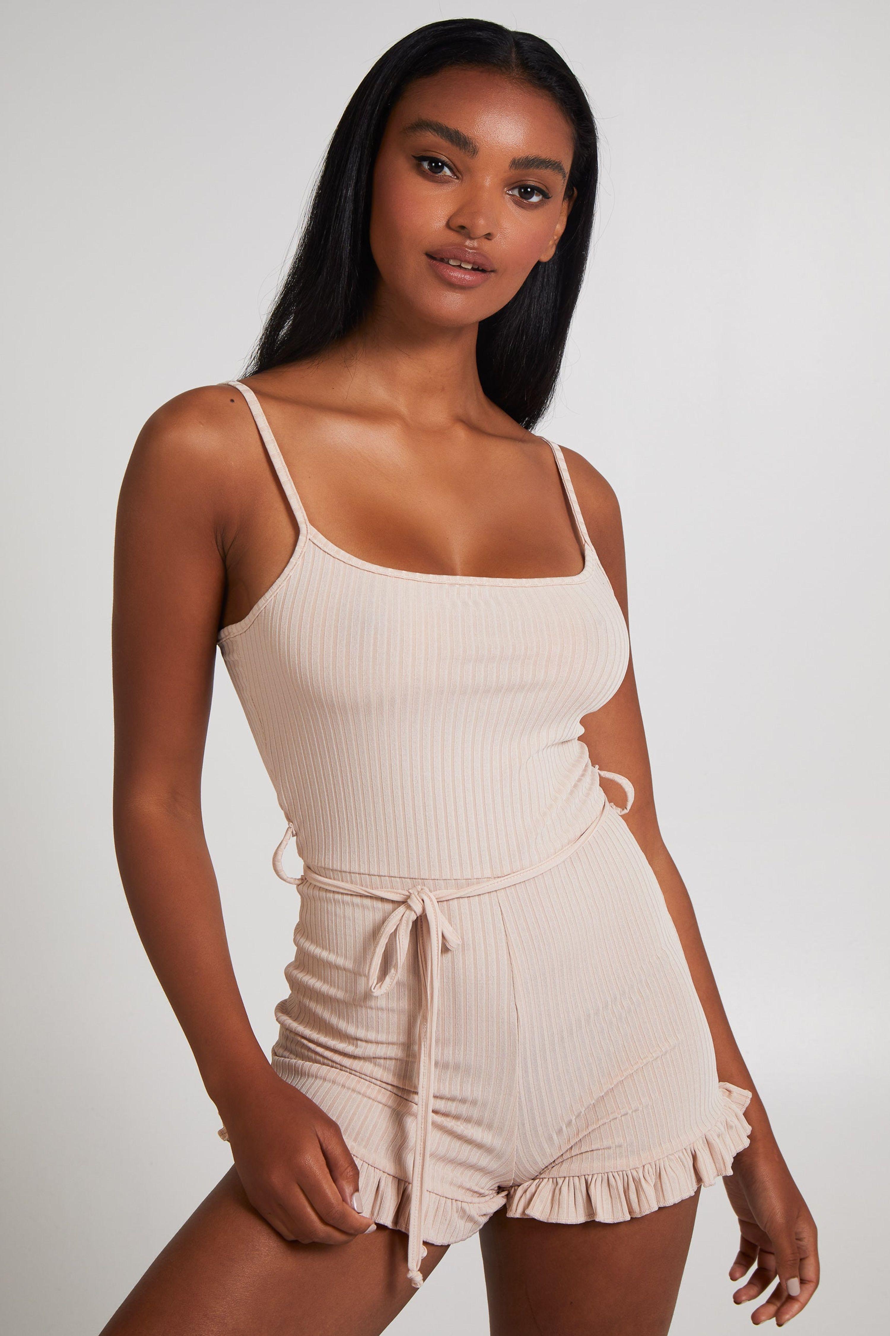 Stone Tie Waist Frill Detail Ribbed Playsuit by PINK VANILLA Stone Tie Waist Frill Detail Ribbed Playsuit by PINK VANILLA