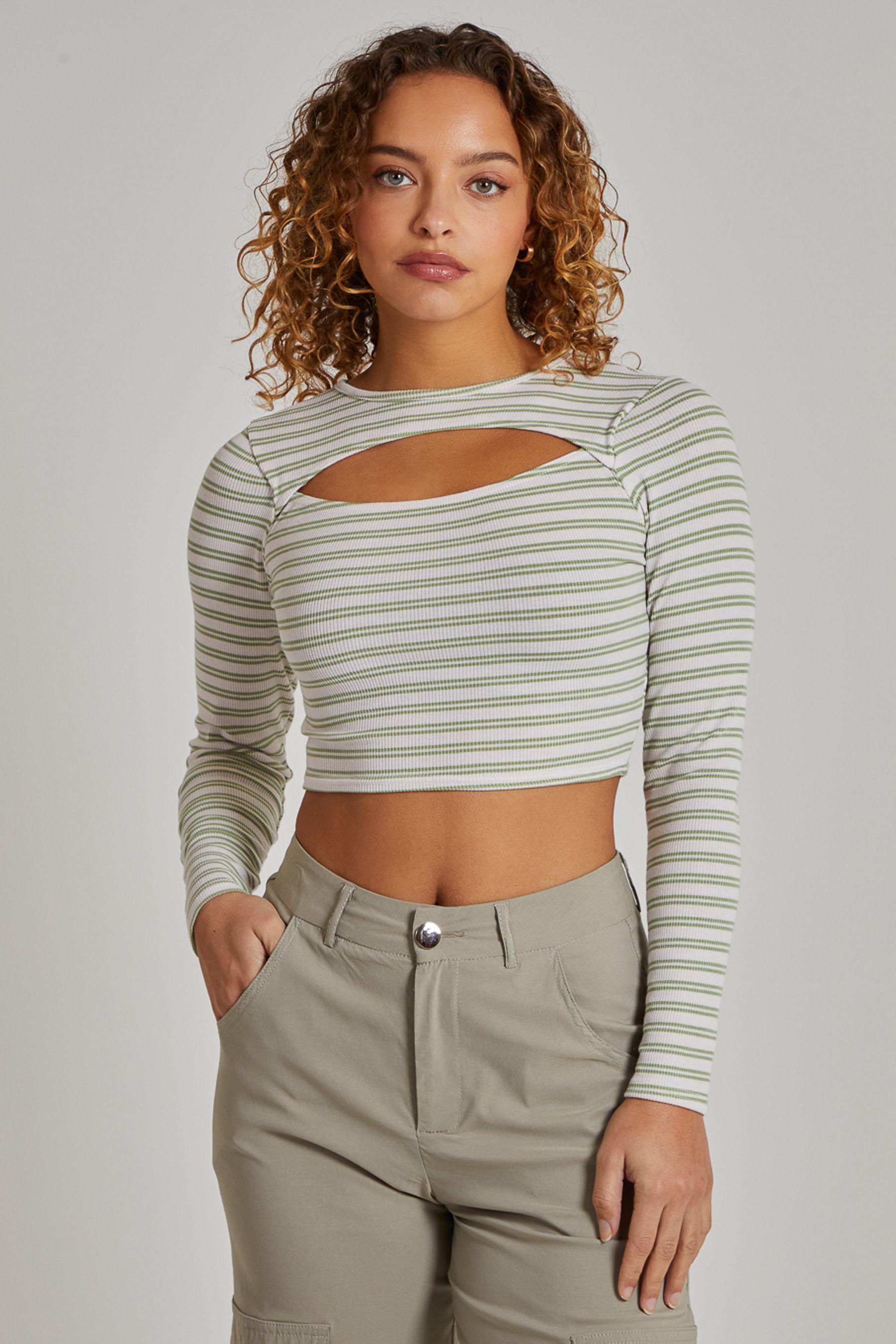 Striped Rib Letterbox Long Sleeve Top by PINK VANILLA